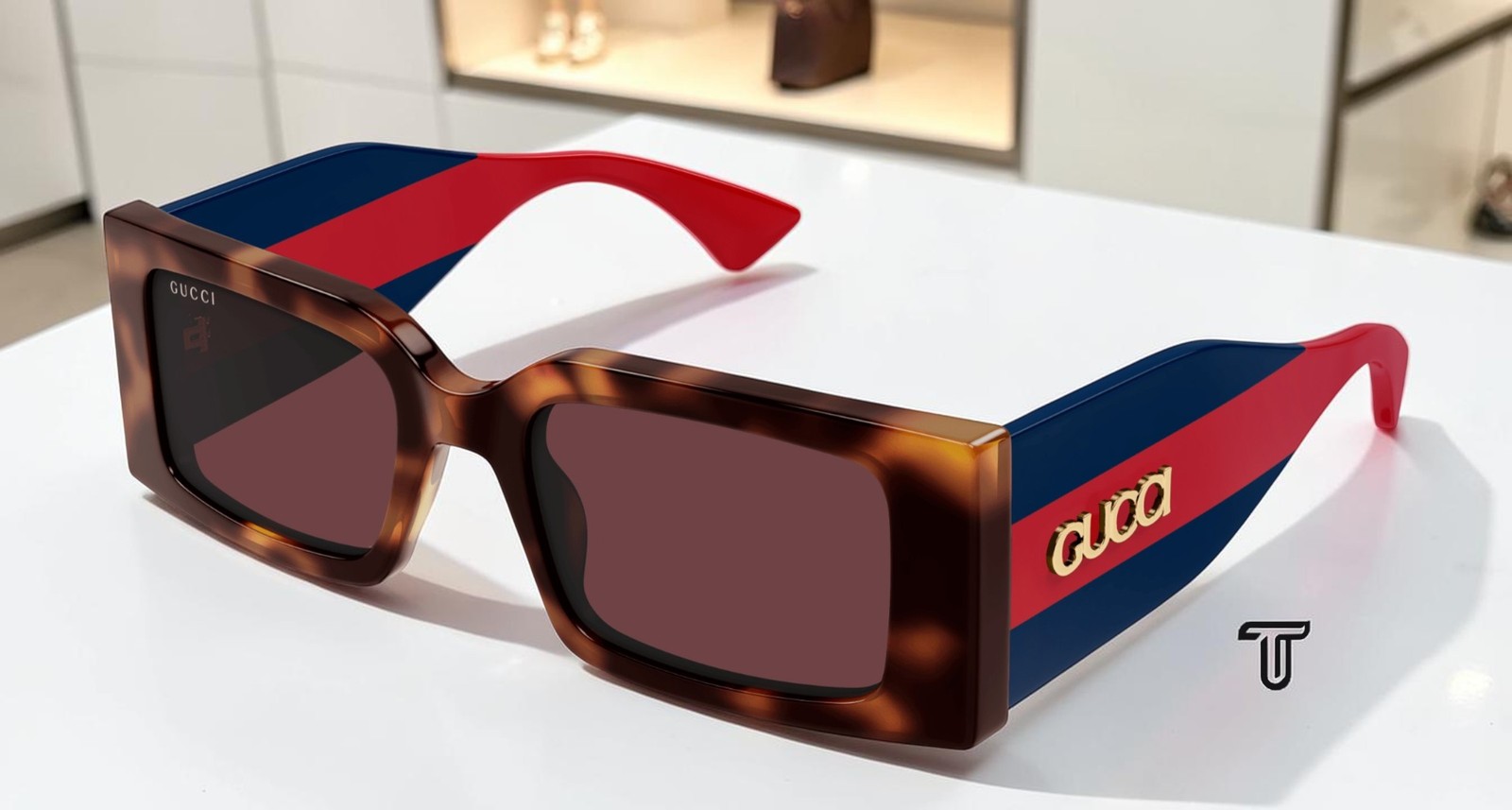 GUCCI GG1860S 002 Havana Blue Red 52 mm Rectangular Squared Women\'s Sunglasses