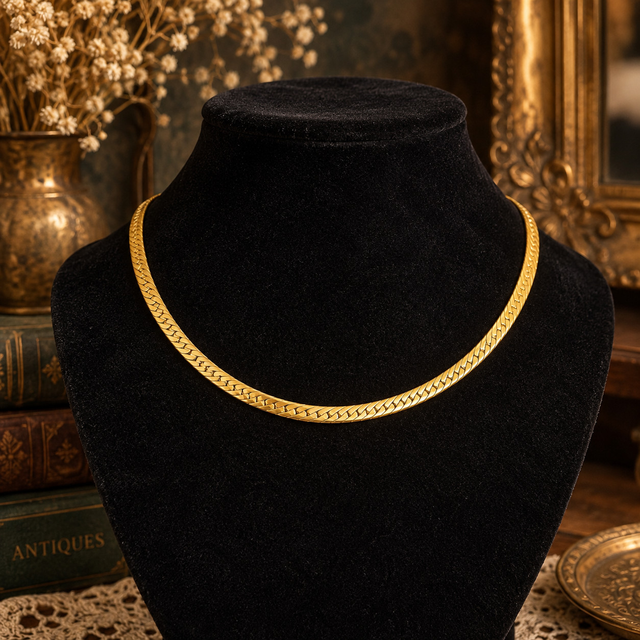 Vintage 80s 90s Gold Tone Herringbone Flat Chain Necklace 18” 4.8mm