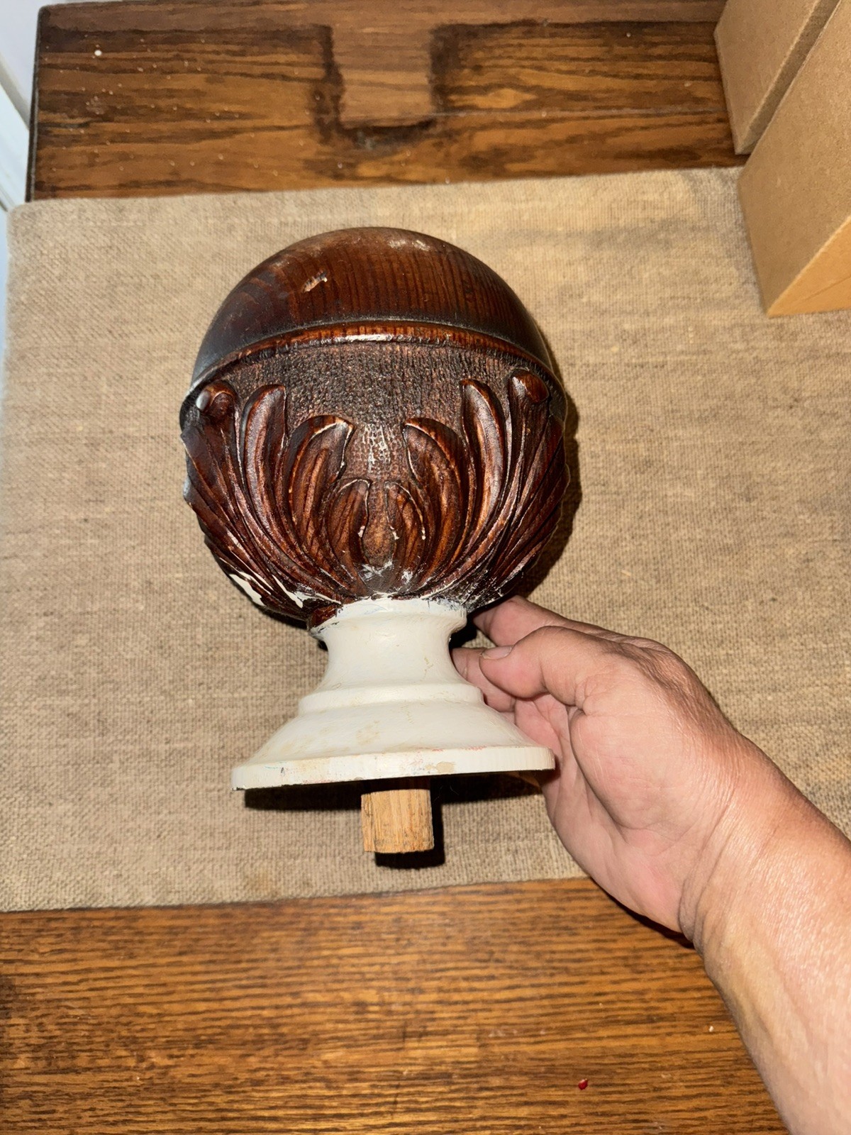 VTG  CARVED WOODEN STAIR END FINIAL NICE LOOK SOLID Architectural Salvage 