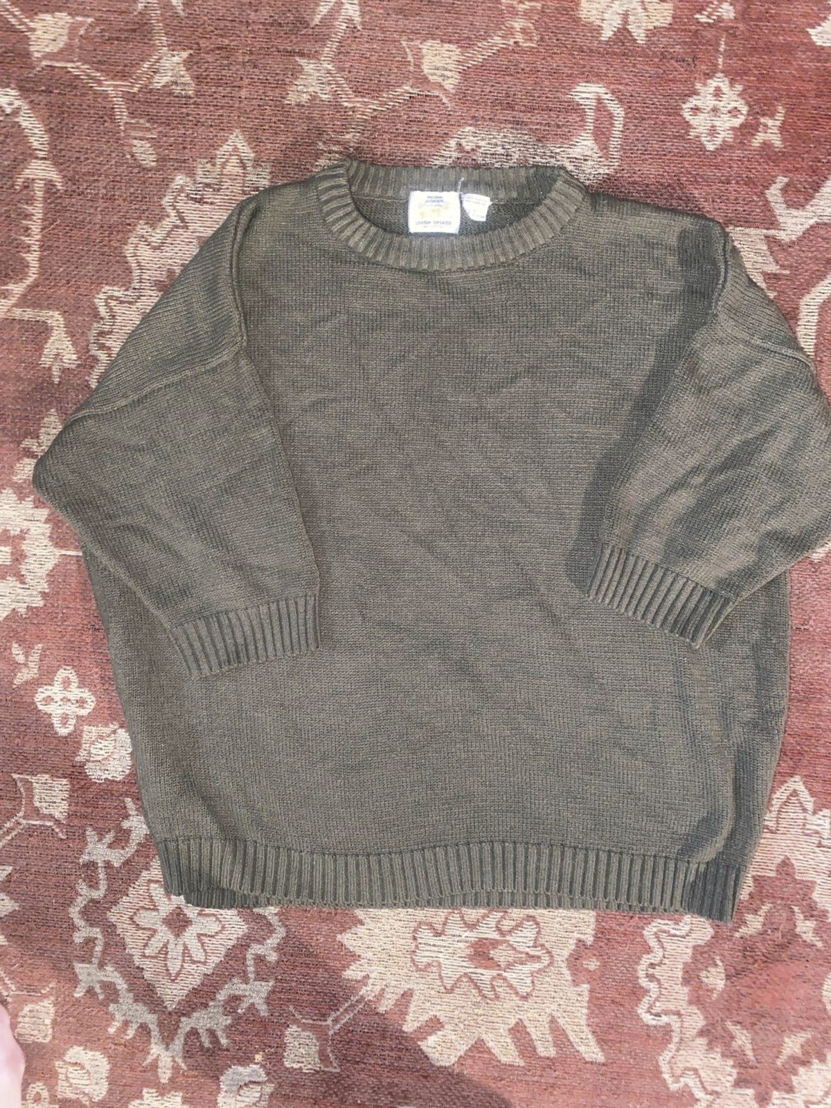 Vintage 80s Express London Sweater 1987 Edition 3/4 Sleeve Olive Green Crewneck