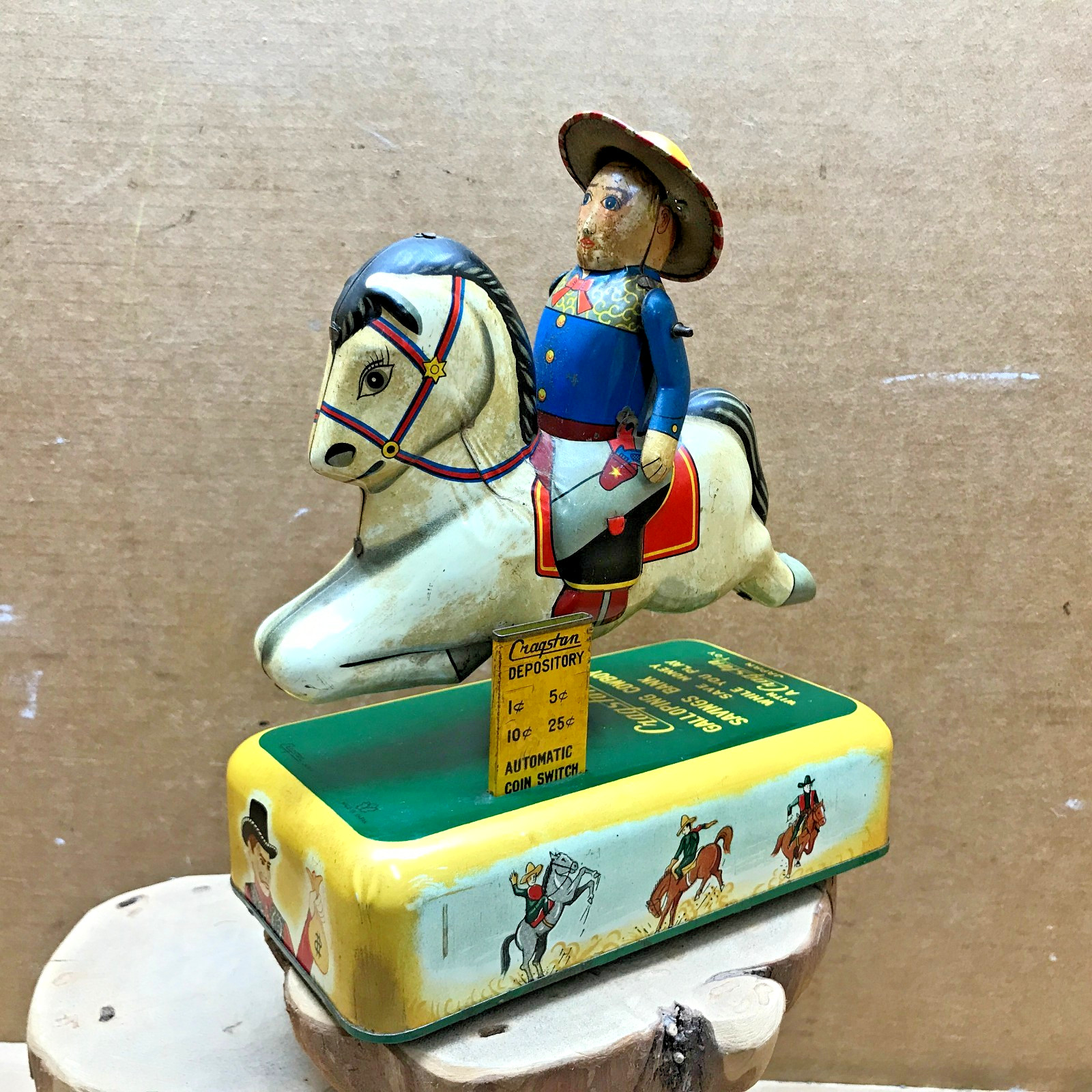 VINTAGE 1950'S GALLOPING COWBOY SAVINGS BANK BATTERY OPERATED TIN TOY JAPAN RARE