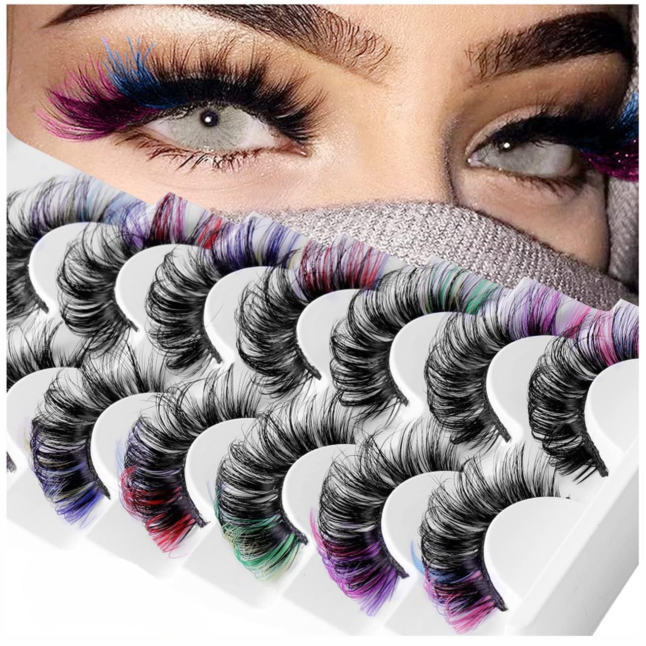 7 Pairs Colored False Eyelashes, 3D Mink Faux Lashes with Color Tips,Dramatic 7 Pairs Colored False Eyelashes, 3D Mink Faux Lashes with Color Tips,Dramatic