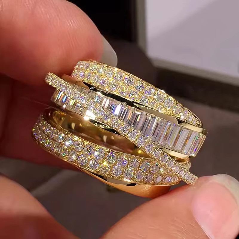 Elegant Luxury Gold Silver Multi-Band Statement Ring for Women Sparkling Gift