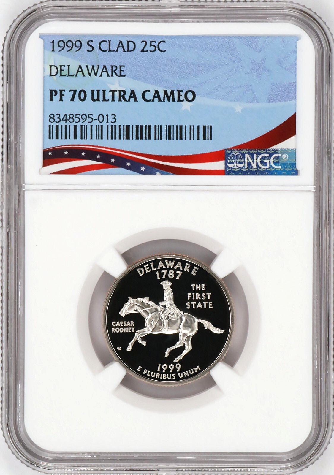 1999-S Proof State Quarter, Delaware,  PF70 Ultra Cameo NGC, Patriotic Label