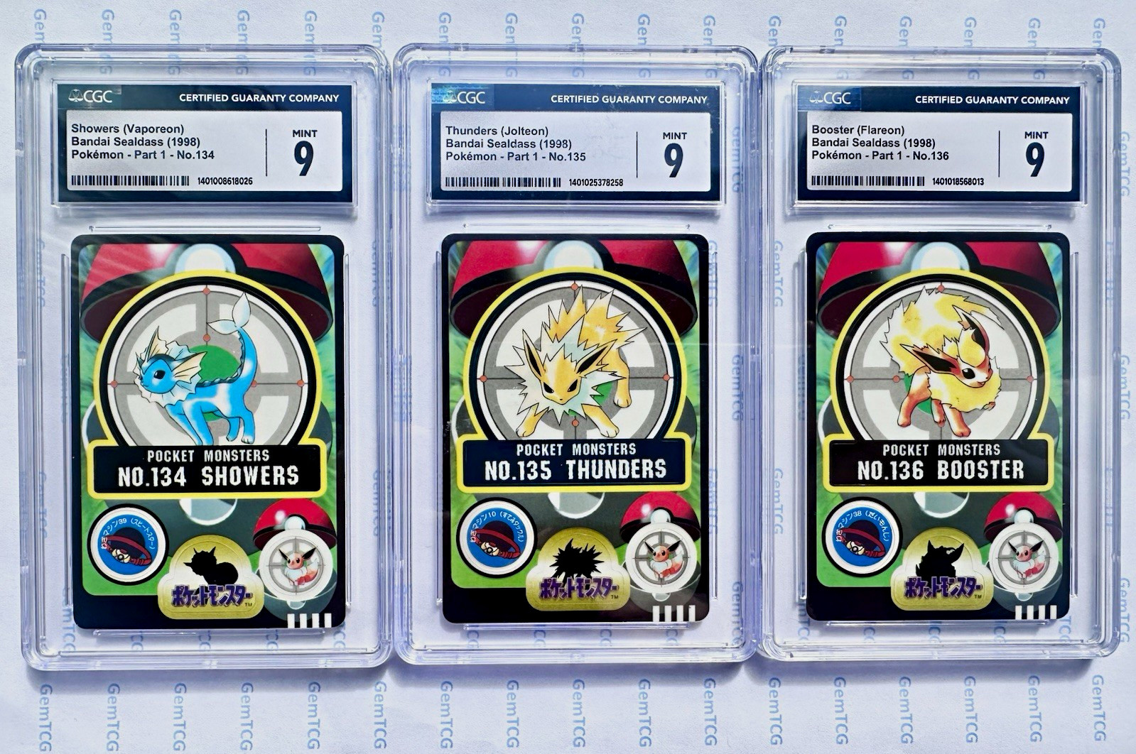 1998 Vintage Pokémon Set CGC 9 Sealdass Vaporeon 134 Jolteon 135 Flareon 136 1998 Vintage Pokémon Set CGC 9 Sealdass Vaporeon 134 Jolteon 135 Flareon 136
