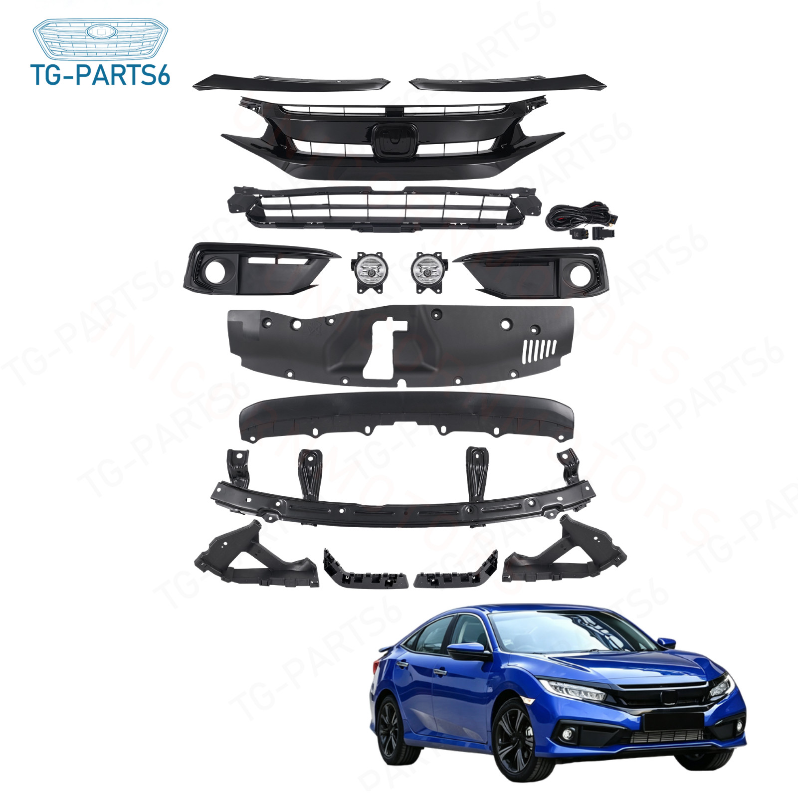 15pc Front Upper Lower Grille Grill Fog lamps Brackets For 2019-2021 Honda CIVIC