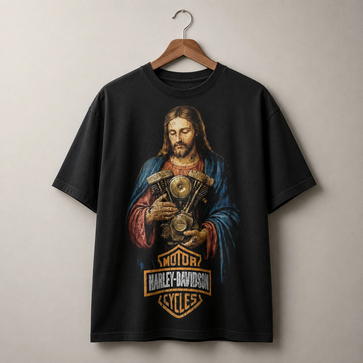 Vintage Jesus Motorcycle Engine Graphic Garment Dyed T-Shirt Distressed Biker Te