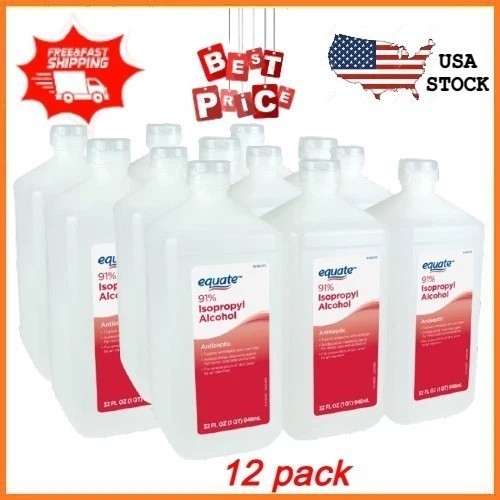 NEW 12 pack Equate 91% Isopropyl Alcohol Antiseptic Liquid, 12 x 32 fl oz NEW 12 pack Equate 91% Isopropyl Alcohol Antiseptic Liquid, 12 x 32 fl oz