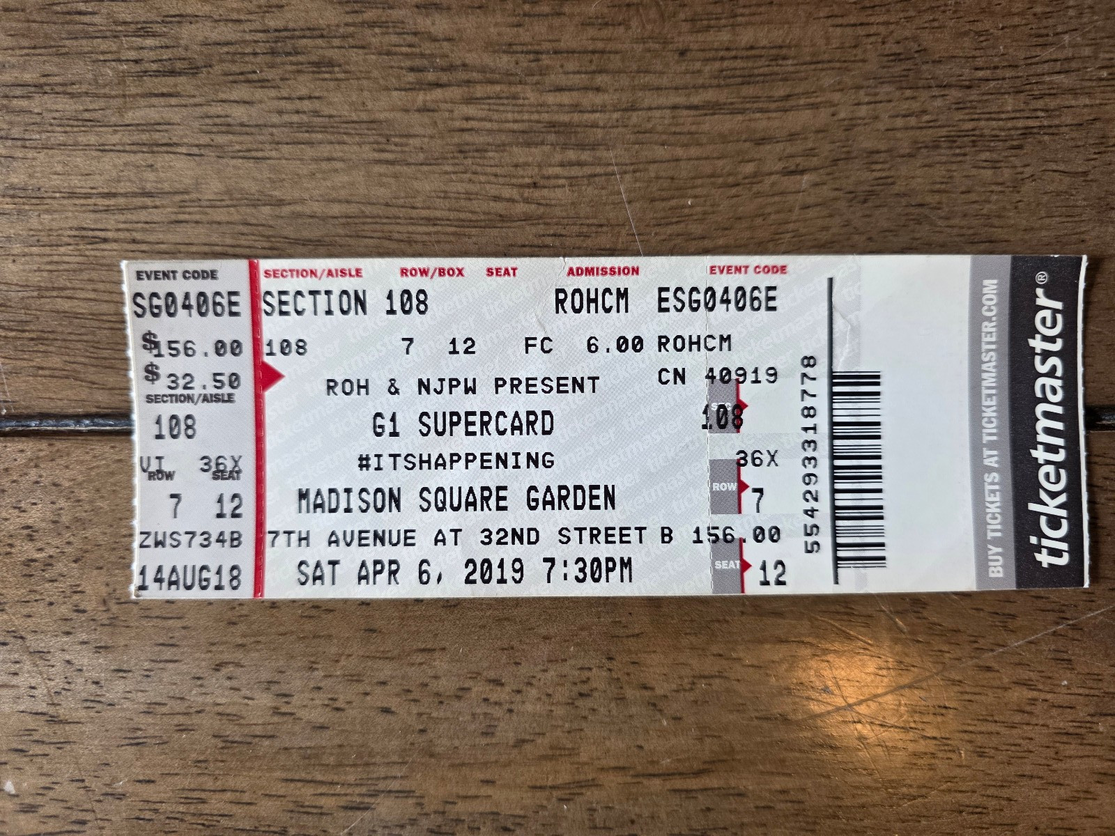 ROH/NJPW G1 Supercard 2018 - Ticket Stub - 1st Non WWF/WWE MSG Event Since 1960