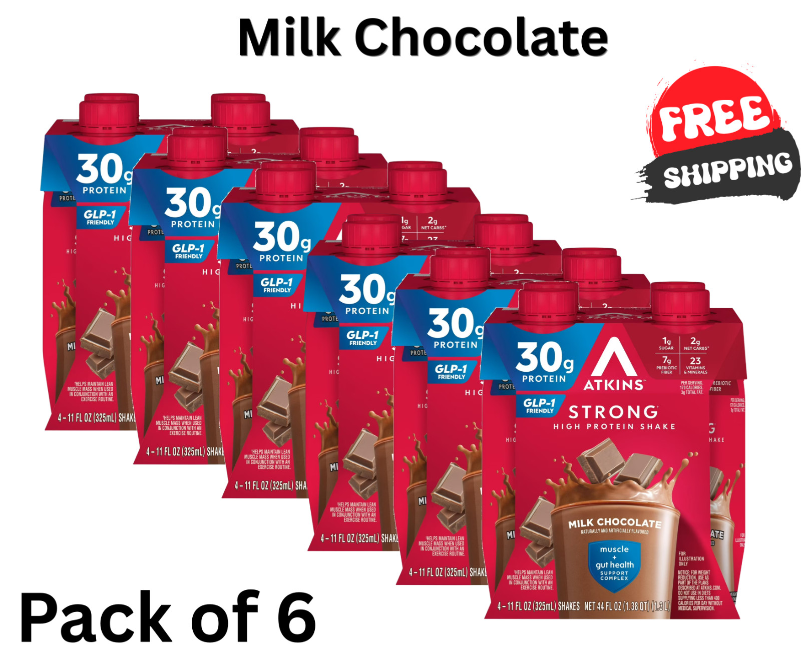 (6 Pack of 4 count) Atkins Strong High Protein Shake, Milk Chocolate, 30g (6 Pack of 4 count) Atkins Strong High Protein Shake, Milk Chocolate, 30g