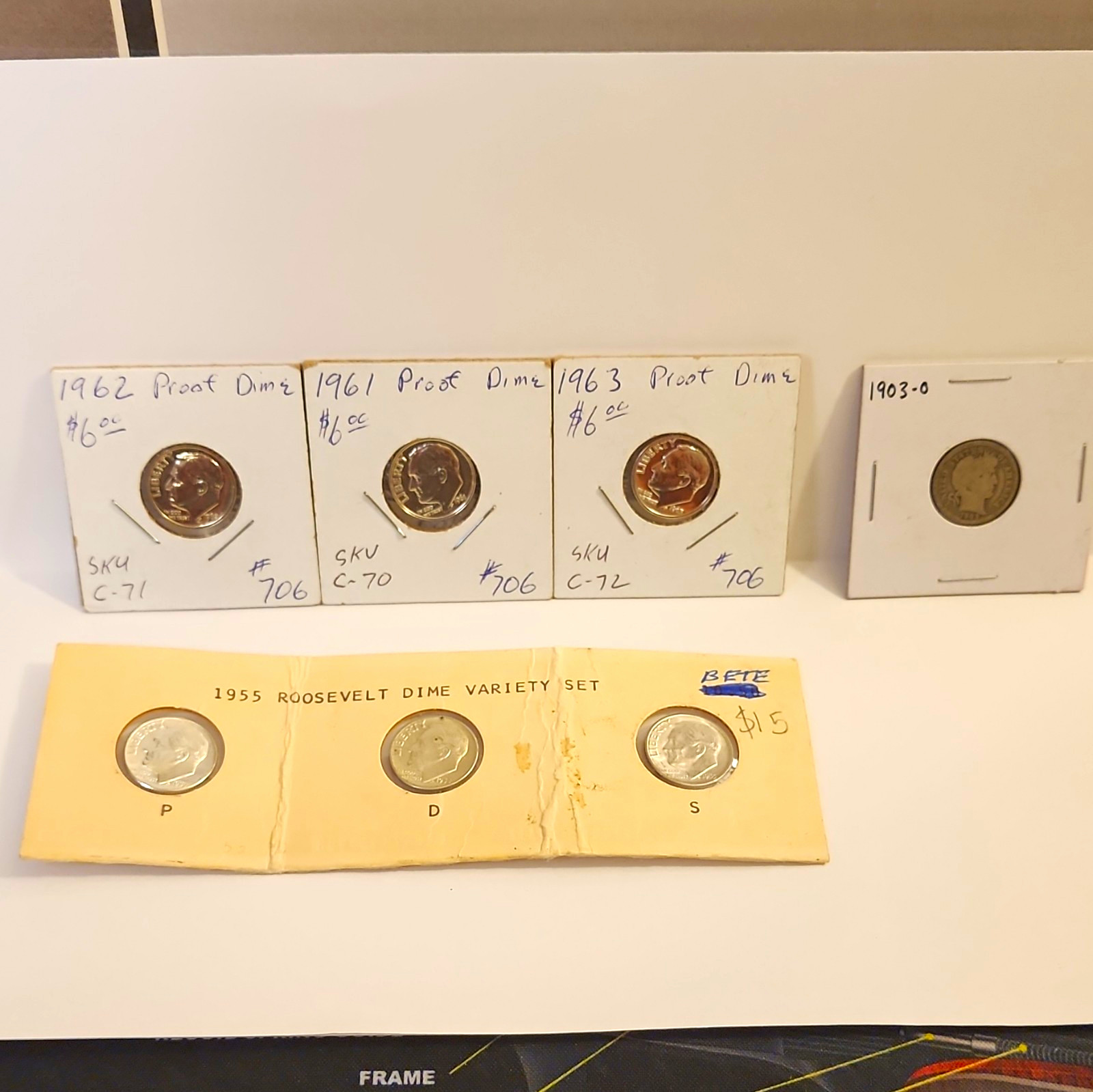 US 10C Dime Lot: 1955 Roosevelt P/D/S, 1961-63 Proof Dimes, 1903 Barber