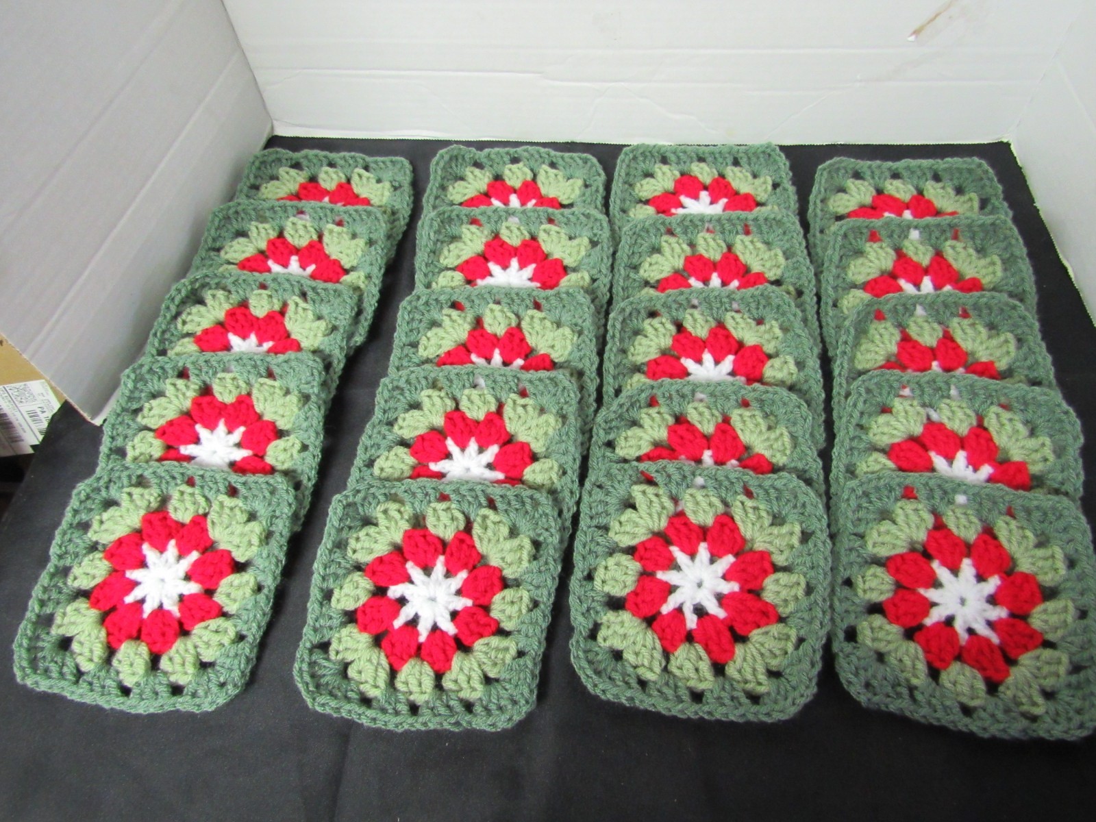 Lot of 20 5” Crochet Granny Squares, Floral, White, Red, 2 Shades of Green