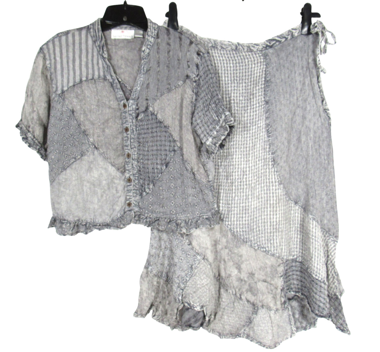 SACRED THREADS Acid-Wash PATCHWORK Asymmetrical OUTFIT Top/Skirt TOP-M SKIRT-L