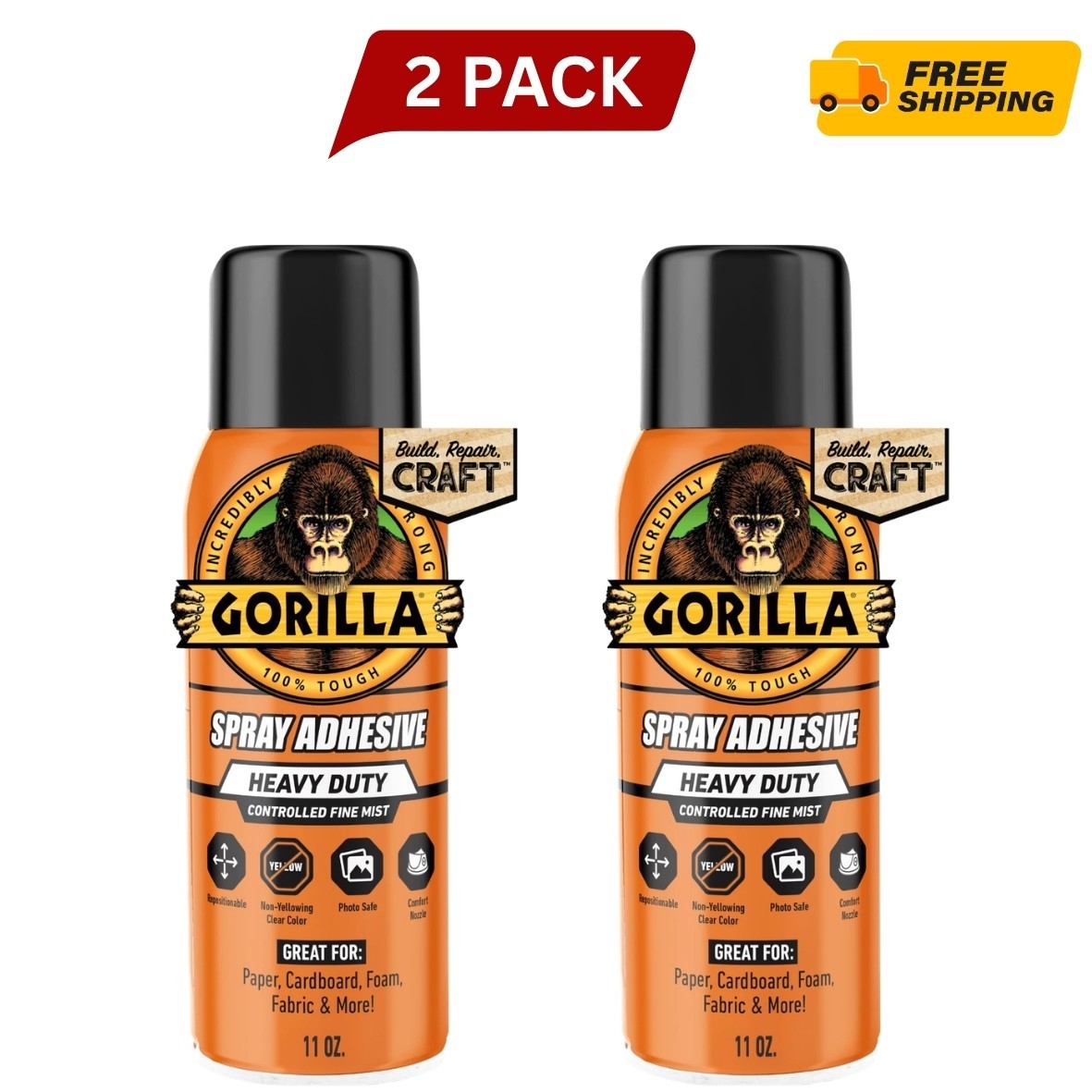 Gorilla Clear Spray Adhesive 11 oz Cans, 2-Pack, New Gorilla Clear Spray Adhesive 11 oz Cans, 2-Pack, New