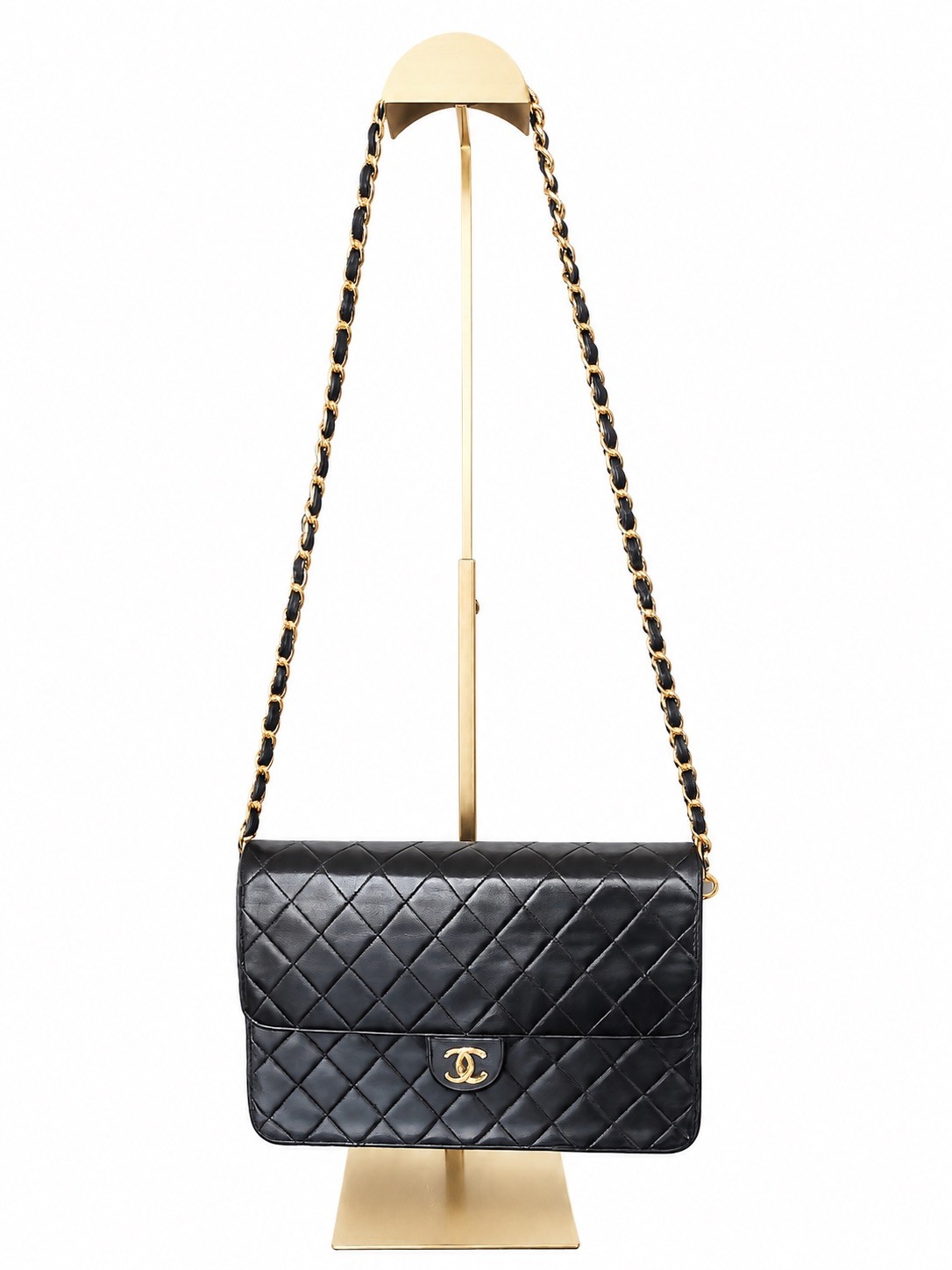 Authentic CHANEL Quilted CC Single Chain Flap Shoulder Bag Black Lambskin GHW