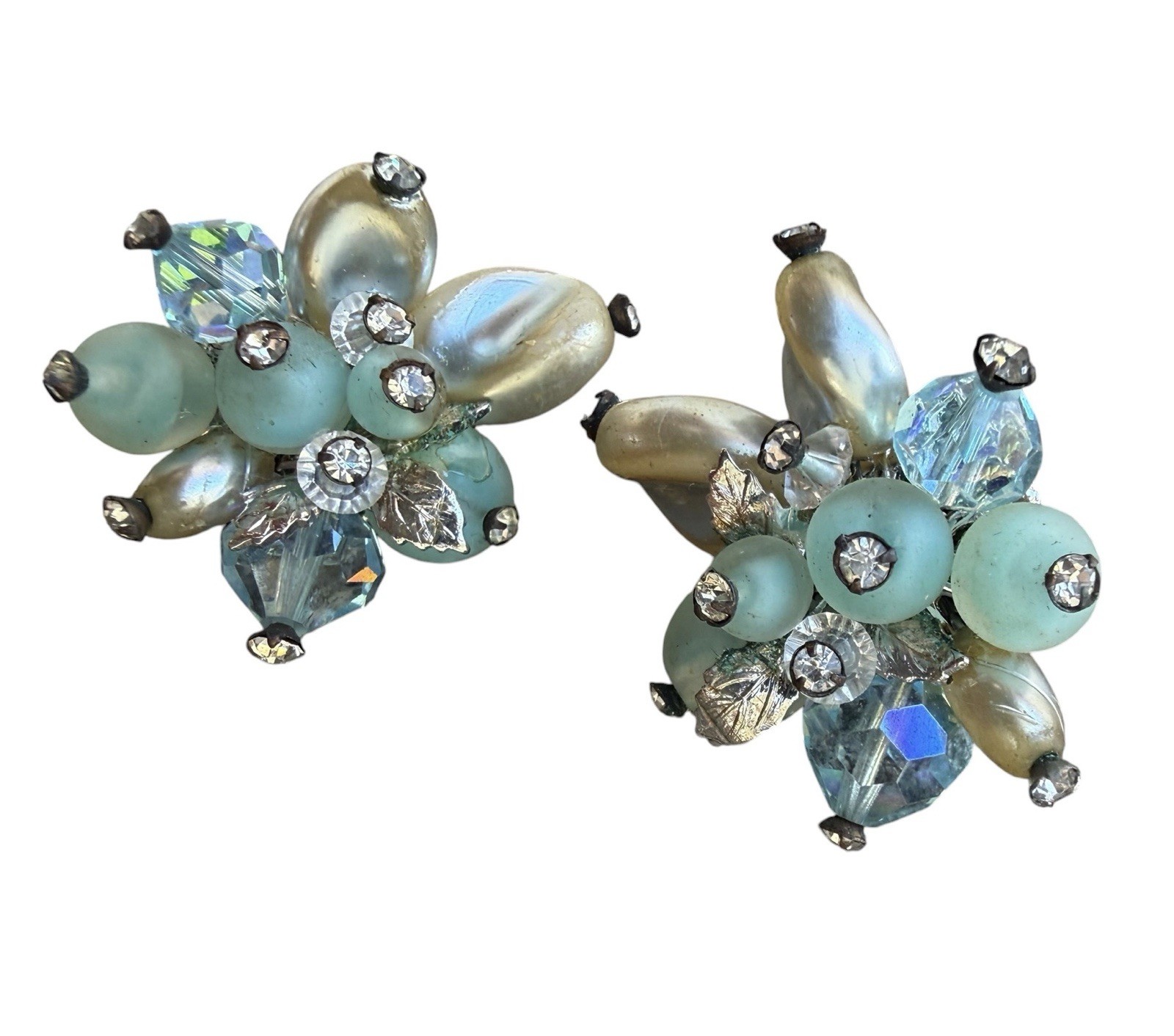 Vintage Signed Vendome Aqua AB Crystal Faux Pearl Cluster Clip On Earrings 1.5in
