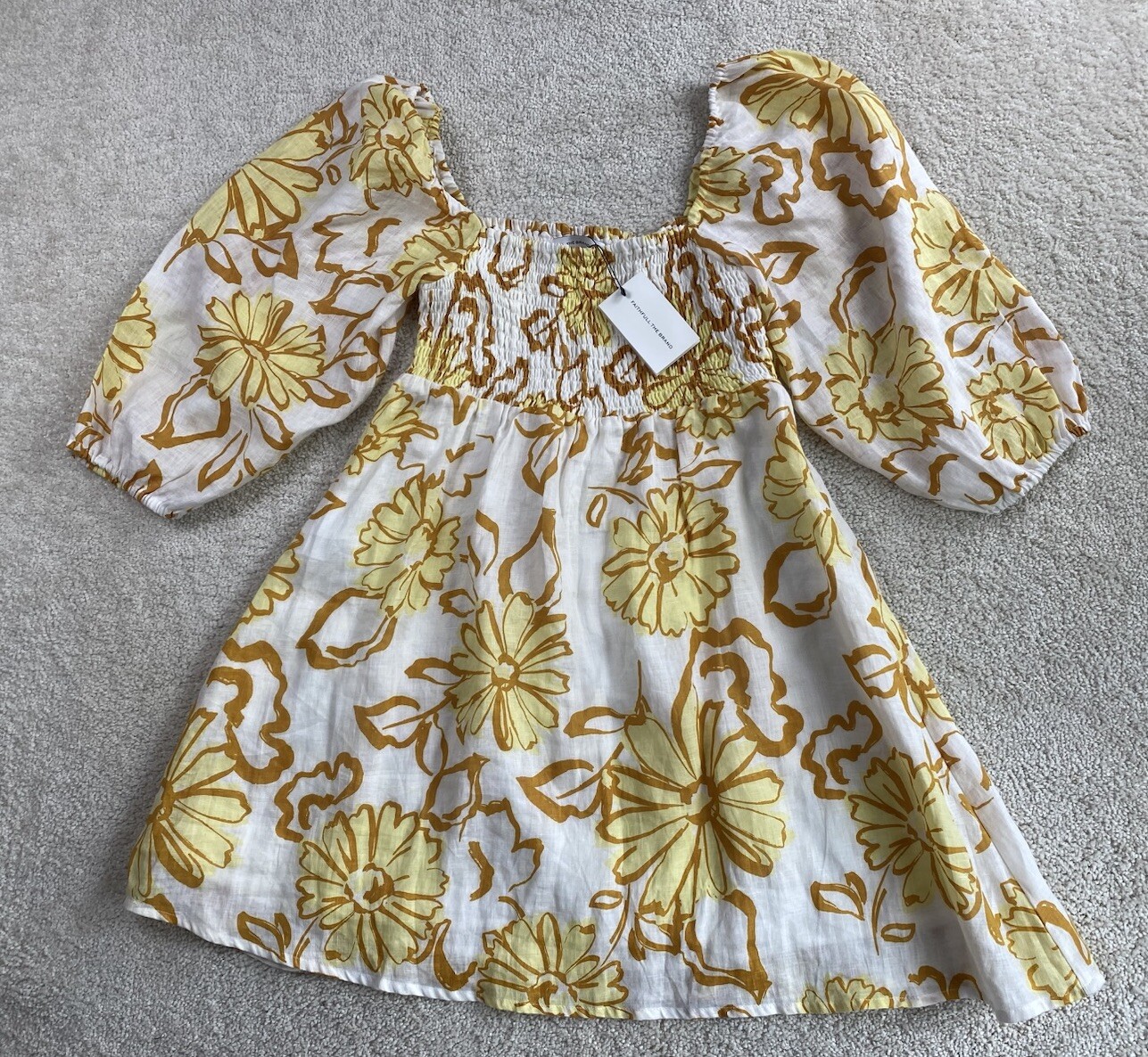 FAITHFULL THE BRAND Dress 6 Medium Linen Floral Nikoleta Short Yellow NEW