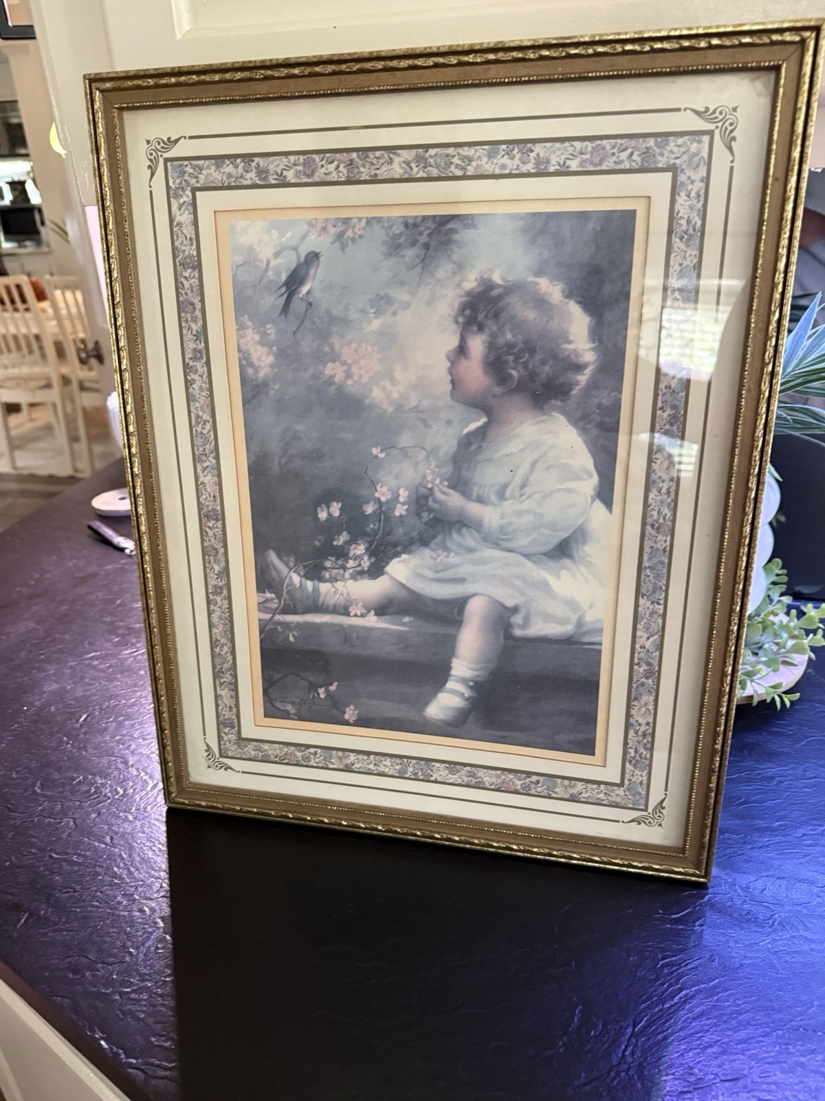 Zula Kenyon Vintage Little Girl with Bluebird of Happiness Print Framed 16x20
