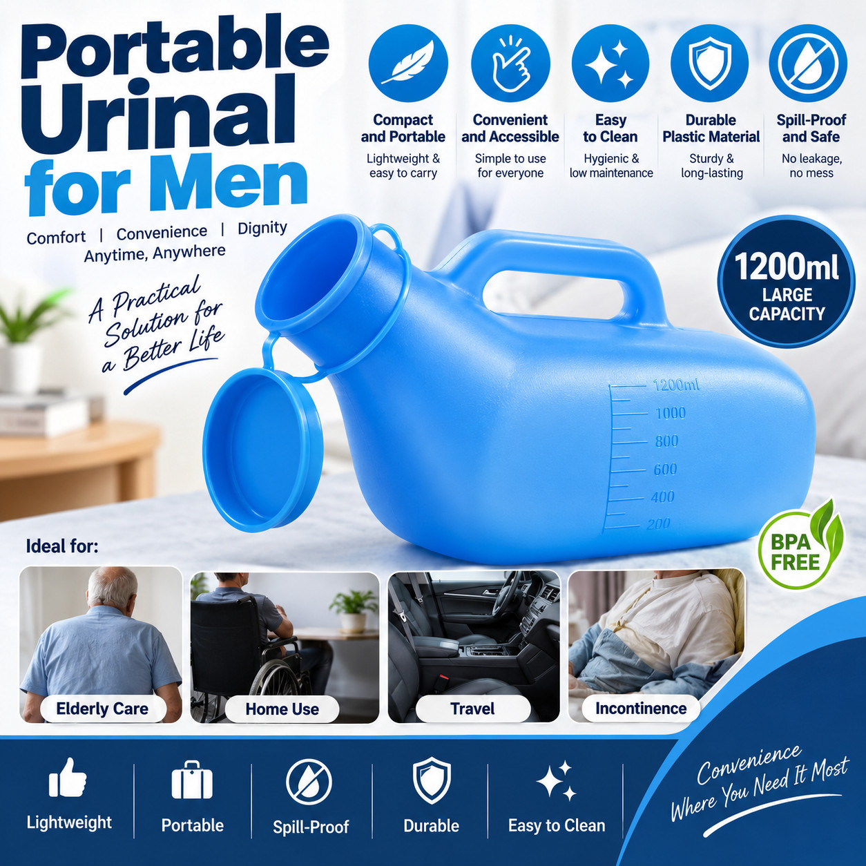 1pcs Urinals for Men 1200ml Thick Plastic Mens Bedpan Bottle with Lid Pee Cont 1pcs Urinals for Men 1200ml Thick Plastic Mens Bedpan Bottle with Lid Pee Cont