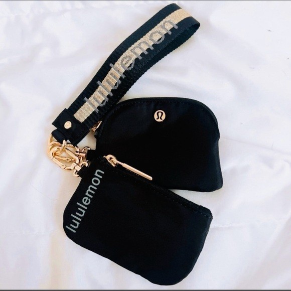 Lululemon Dual Pouch Wristlet Wallet Accessory Keychain Bag Black Gray Gold NWT Lululemon Dual Pouch Wristlet Wallet Accessory Keychain Bag Black Gray Gold NWT