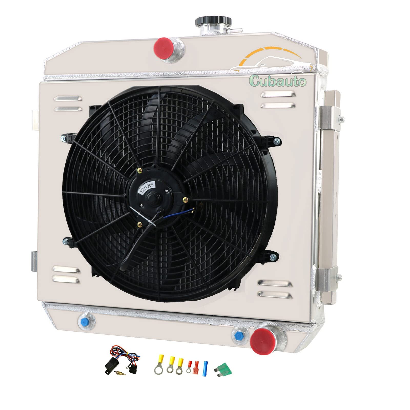 Aluminum Radiator 1955-1957 Chevy Bel Air Nomad 150 210 V8 4 Row Shroud Fan