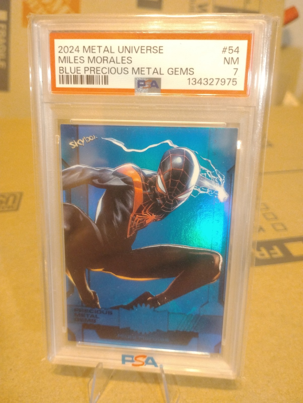 2024 Skybox Marvel Metal Universe Avengers Miles Morales BLUE PMG /50 PSA 7