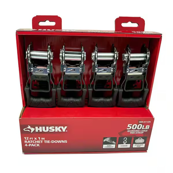 Husky 12 ft. x 1 in. Ratchet Tie-Down Straps with S-Hook (4-Pack)