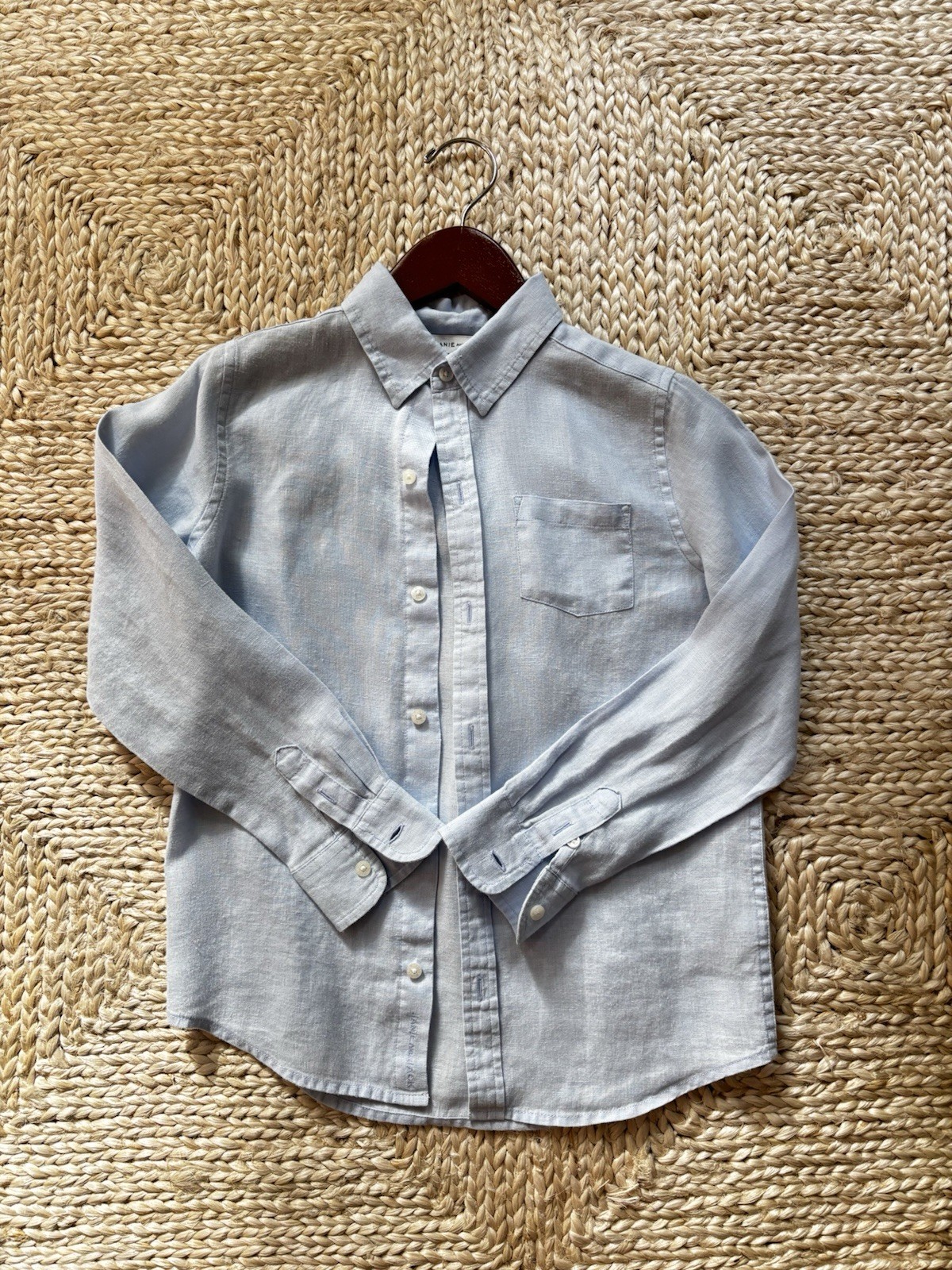 Janie and Jack Boys Size 7 100% Linen Blue SOFT Buttondown Long Sleeve Shirt