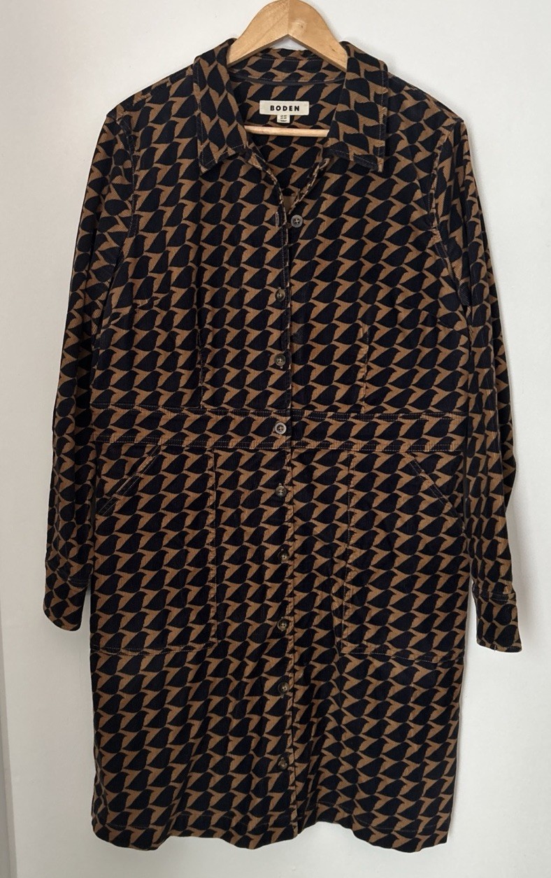 Boden Flora Corduroy Shirt Dress Geometric Print Button-Front Retro  US 14