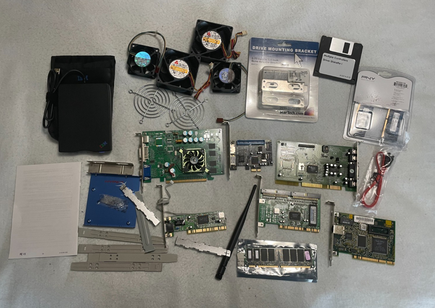 Vintage PC Parts Lot: IBM USB Floppy Drive, PCI Cards, RAM, Fans - As-Is / Parts