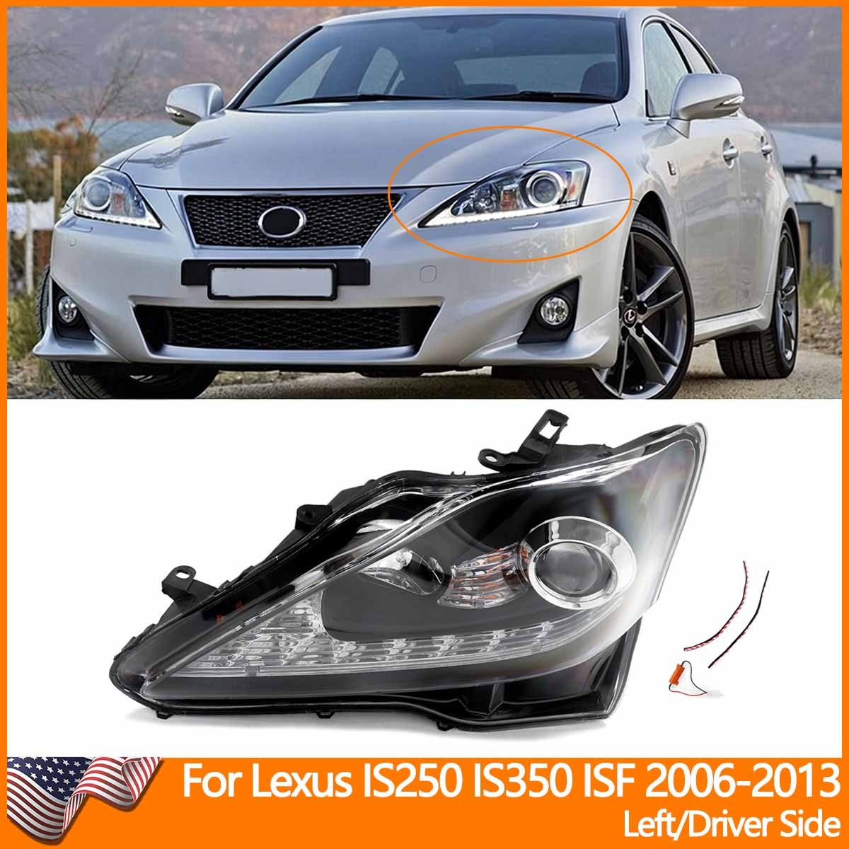 Projector LED Halogen Headlights Left/Right Side For 2006-2013 Lexus IS250 IS350