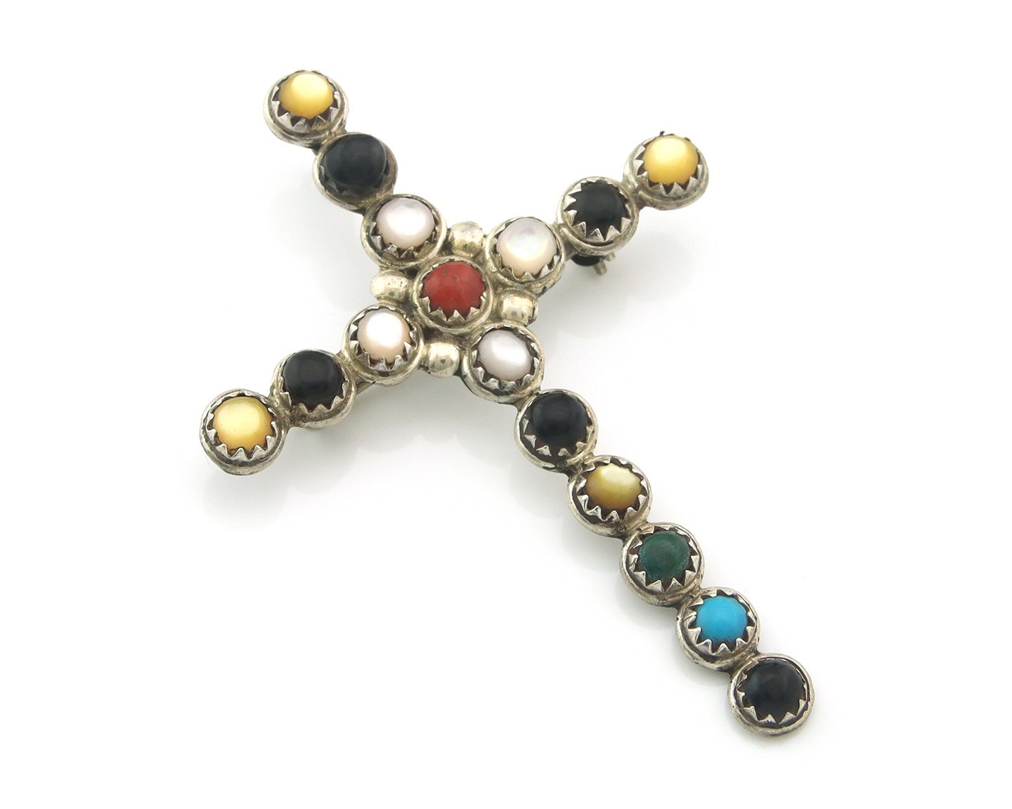 Zuni Cross Pendant Pin Sterling Silver Natural Gemstones Signed MCW Vintage