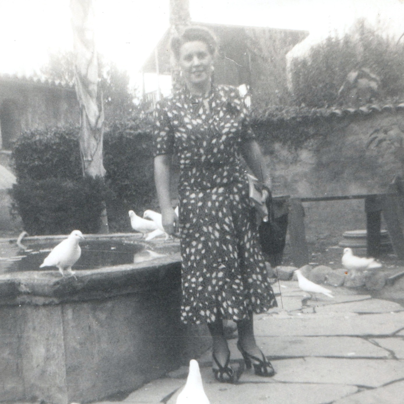 c1940s San Juan Capistrano CA Mission Doves Fountain Woman Snapshot Photo Garden c1940s San Juan Capistrano CA Mission Doves Fountain Woman Snapshot Photo Garden