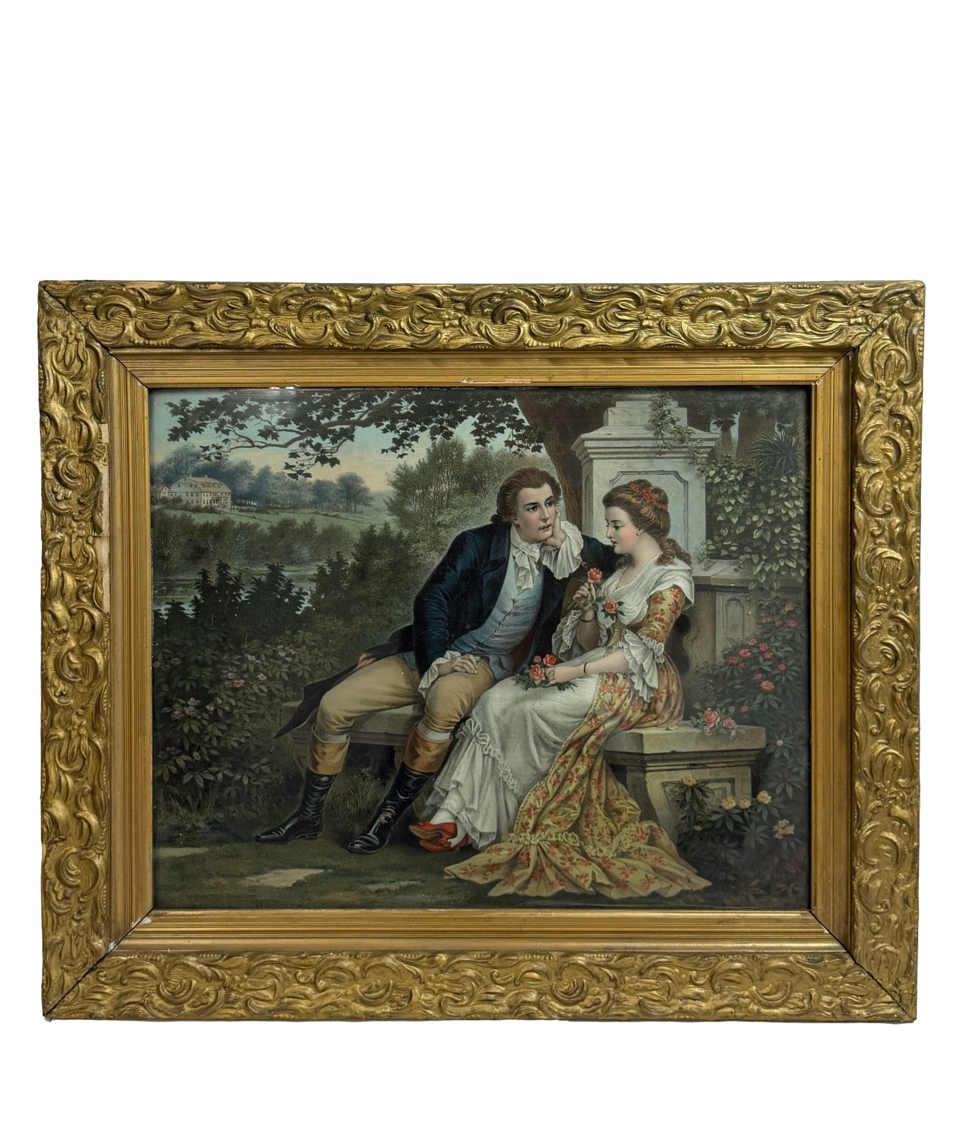 Antique Framed Romantic Courting Scene WASHINGTONS COURTSHIP Painting
