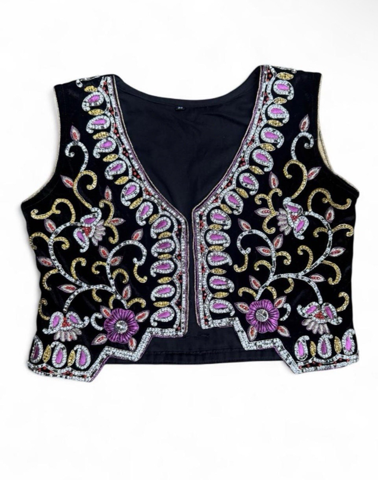 Vintage Kurdish Velvet Vest Hand Embroidered Crop Boho Festival Gold Zari Small