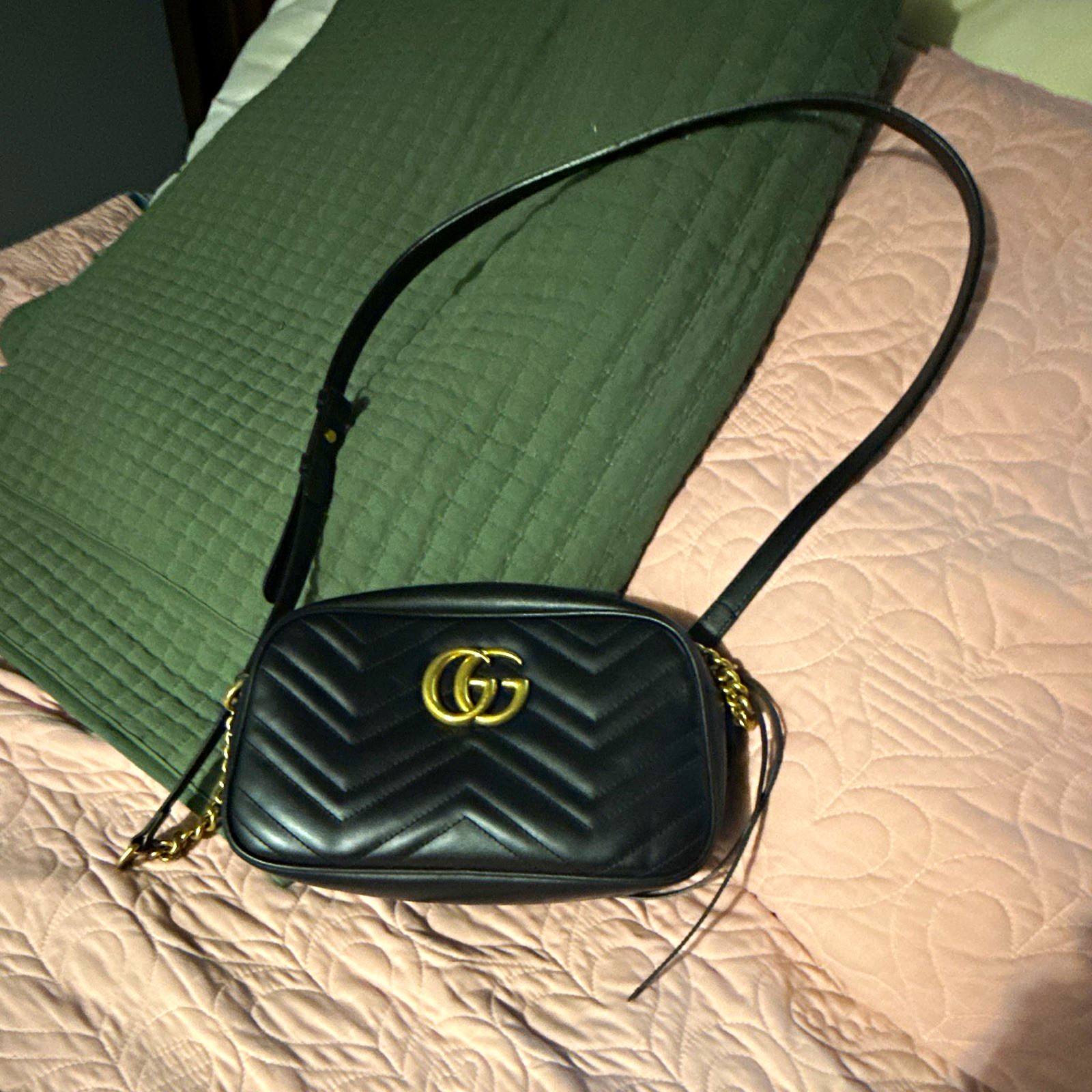 Gucci Black Chevron Quilted GG Crossbody Bag Zip Gold Hardware Adjustable