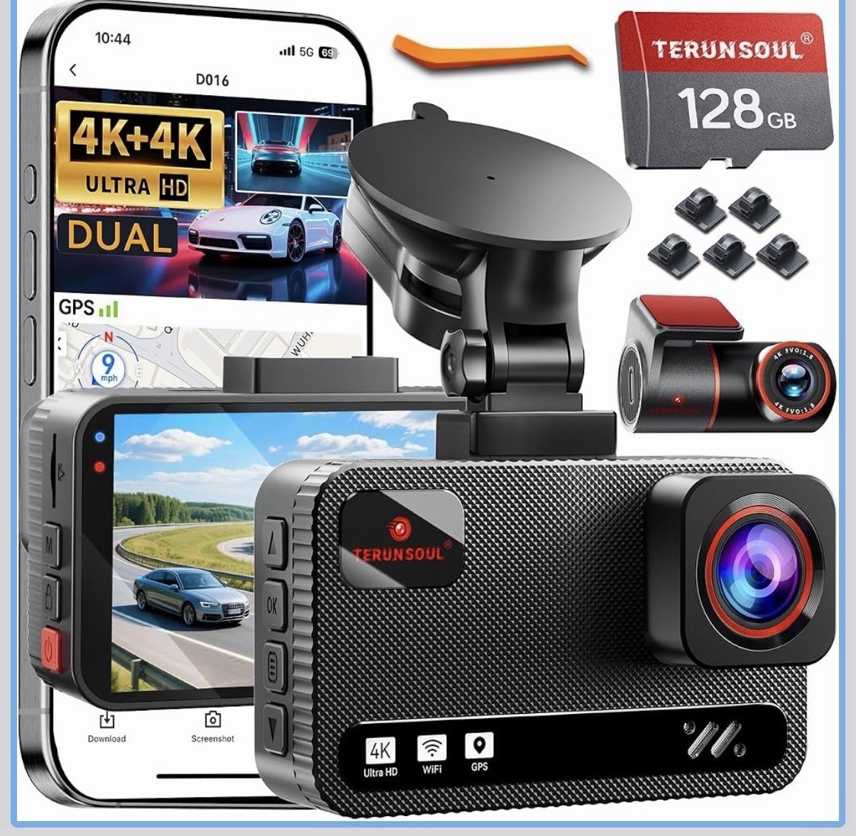 4K+4K Dash Cam Front and Rear, Free 128GB Card Included, 5.8Ghz Wifi Dash Camera