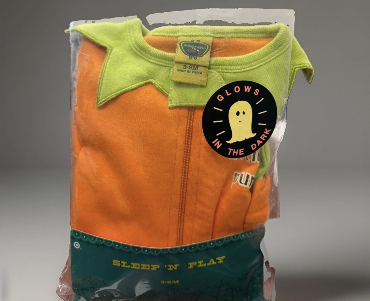 Halloween Costume 1 Pc Pumpkin Sleeper Glow In The Dark  100% Cotton 3-6 Mo