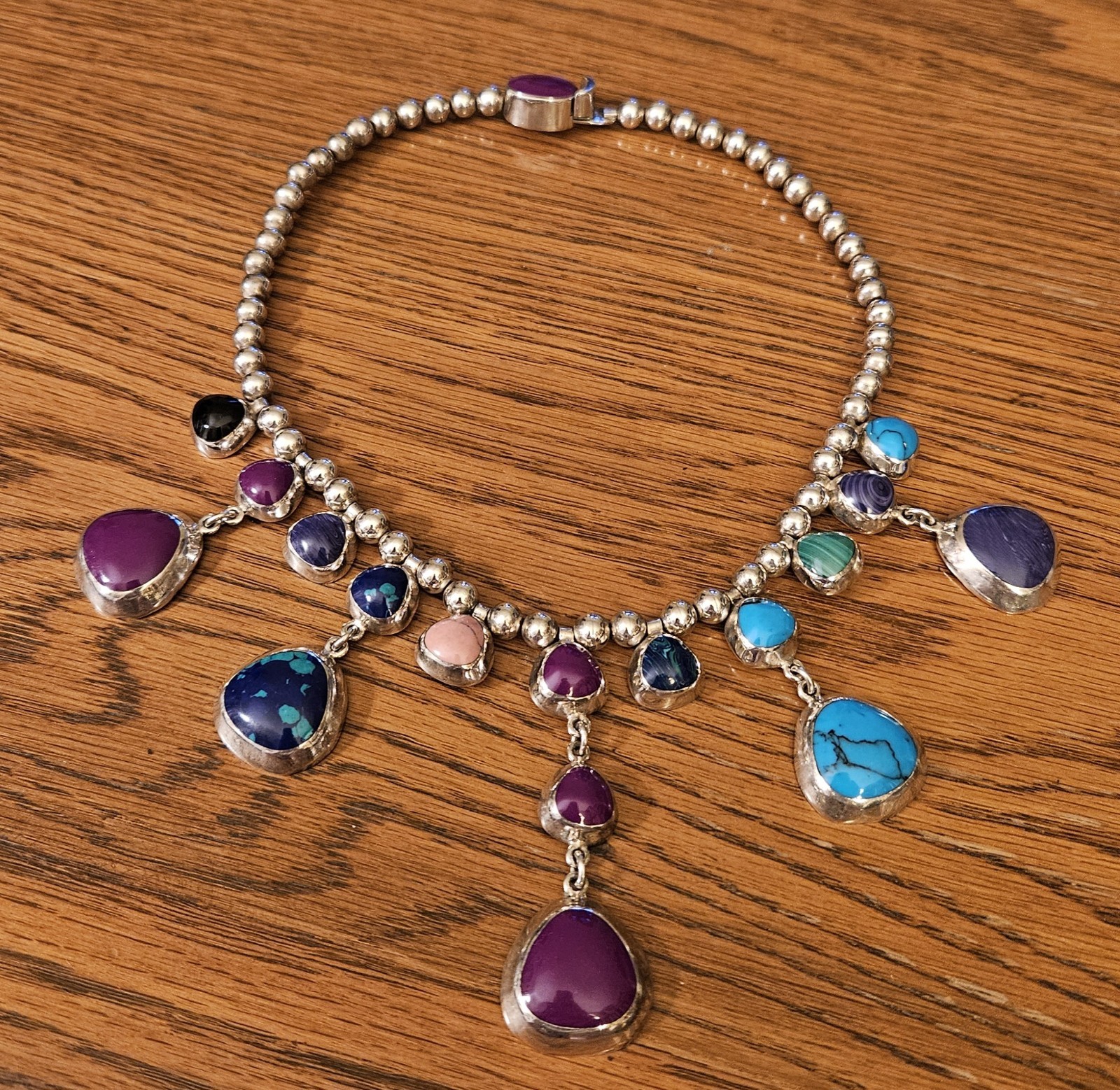 Vintage Handcrafted Taxco Sterling 925 Multistone Dangle Beaded Necklace 18\