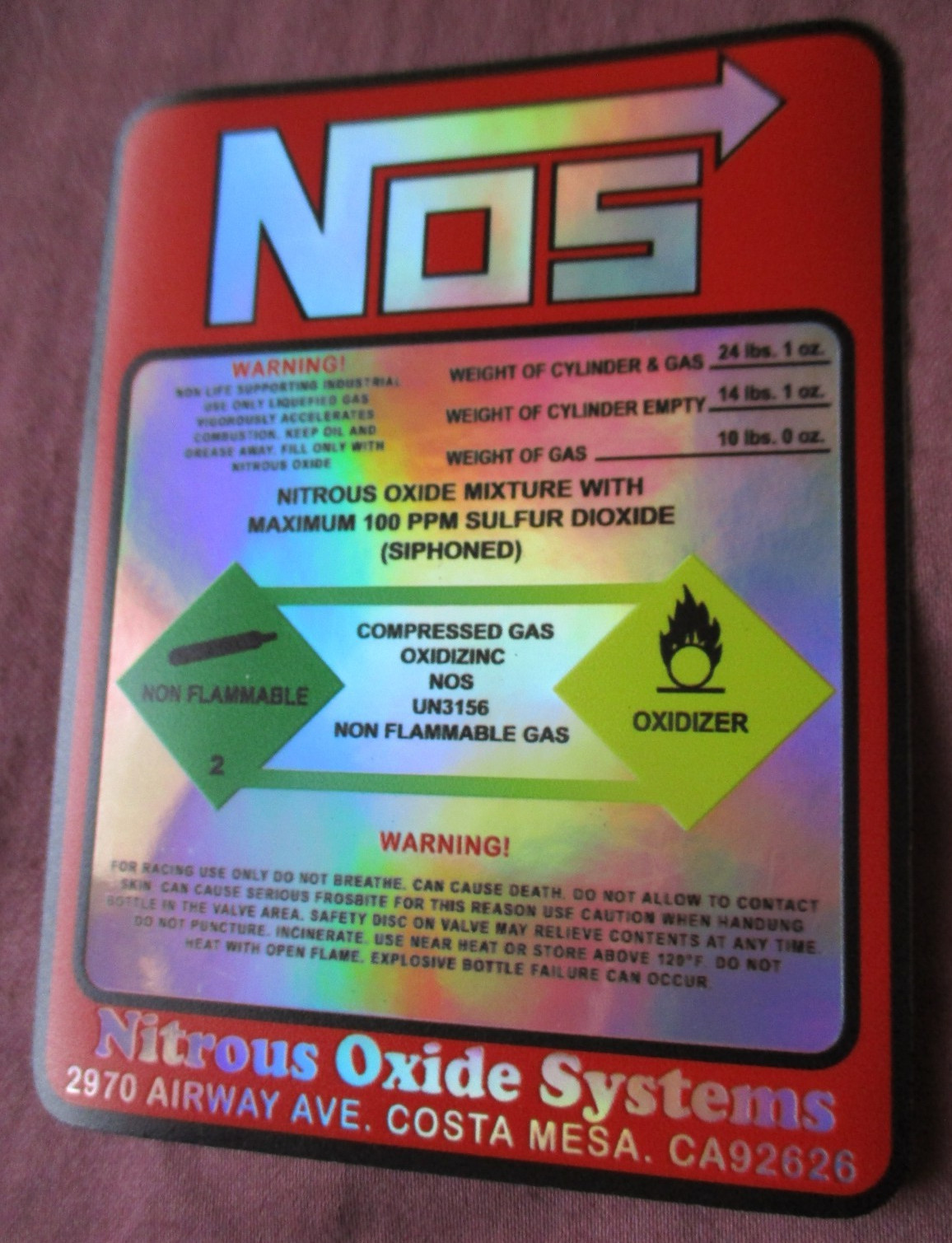 NOS Nitrous Oxide Racing HOLOGRAPHIC  Label Decal Sticker 