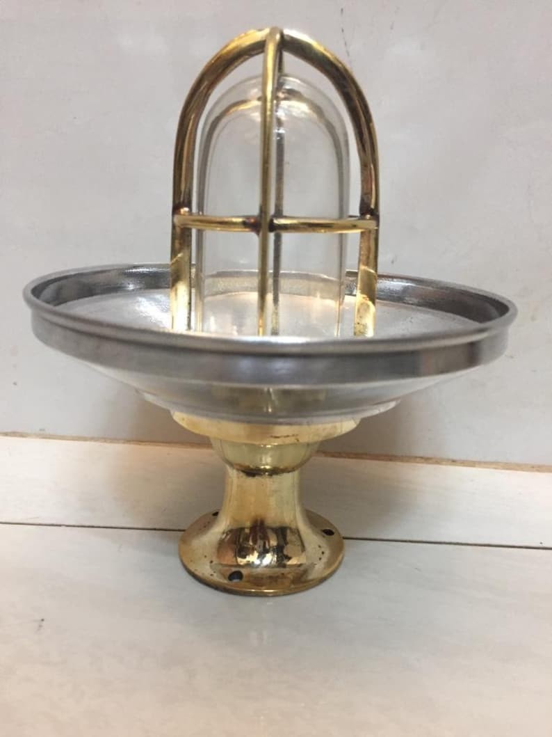 Industrial Solid Brass Table Lamp Aluminum Dish Shade Cage Desk Light Decor