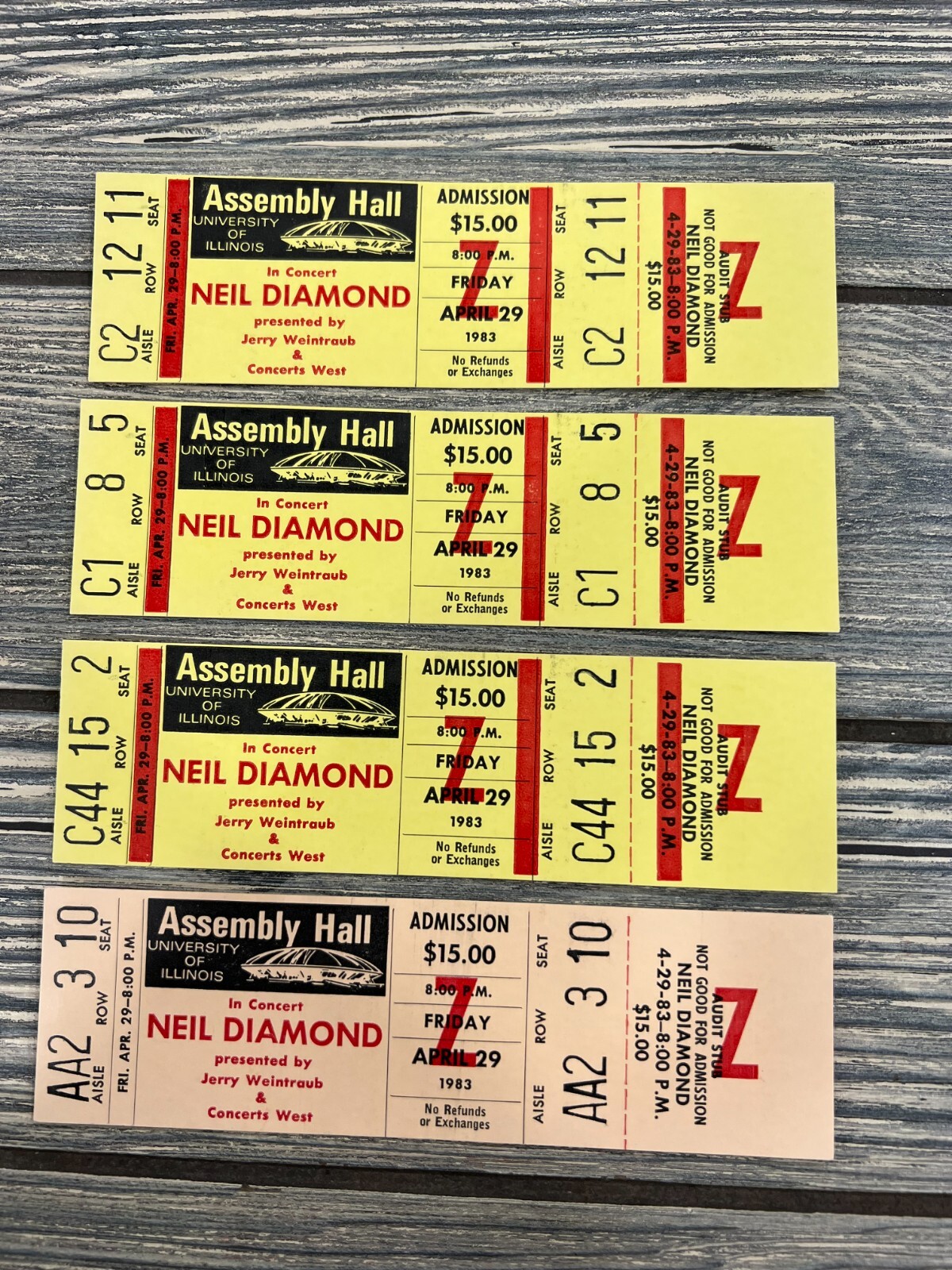 Vintage Neil Diamond April 29 1983 Lot of 4 Illinois Ticket Stub Unused