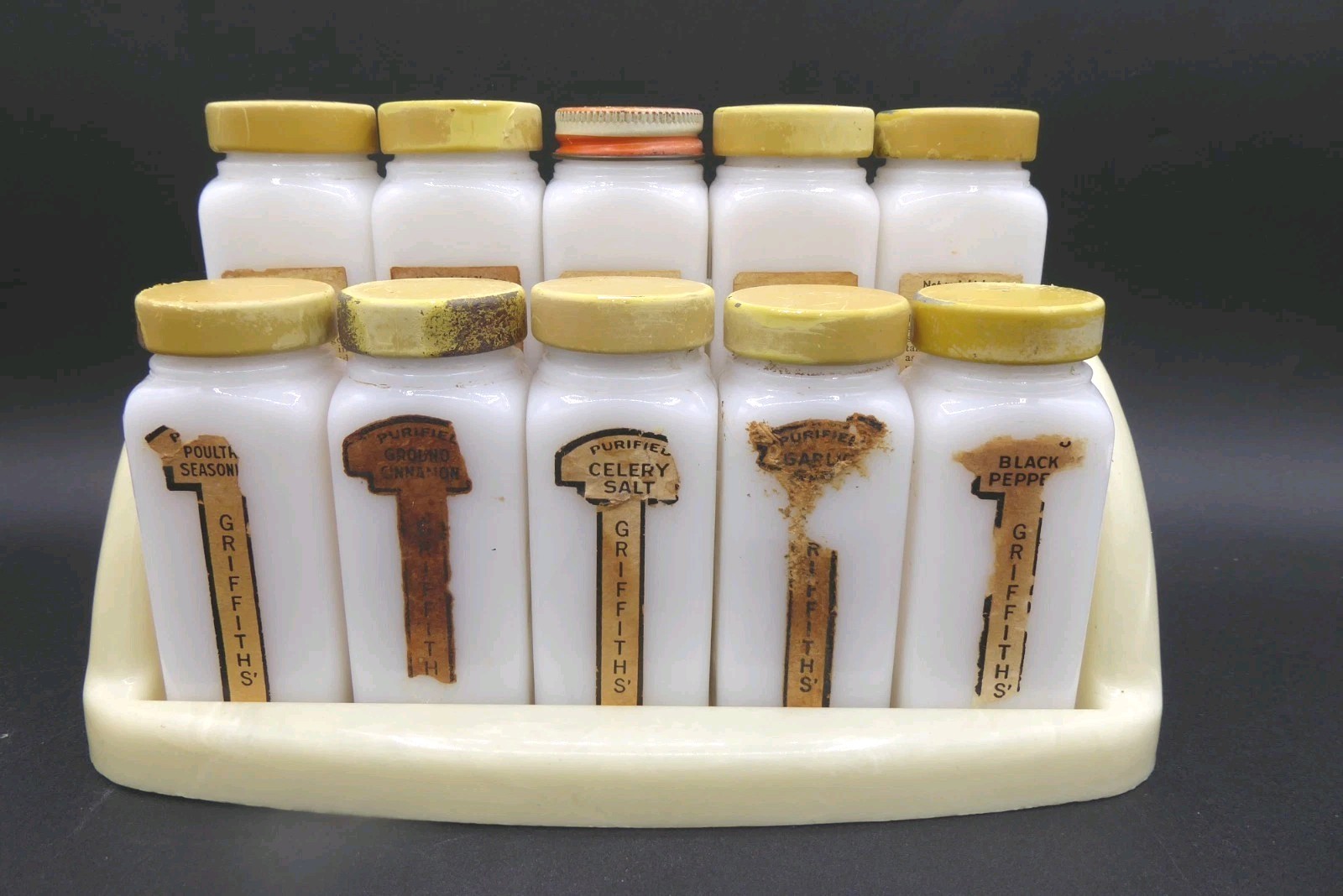 Rare 10 Piece Vintage Milk Glass Griffiths Spice Paper Label Set With Wall Rack