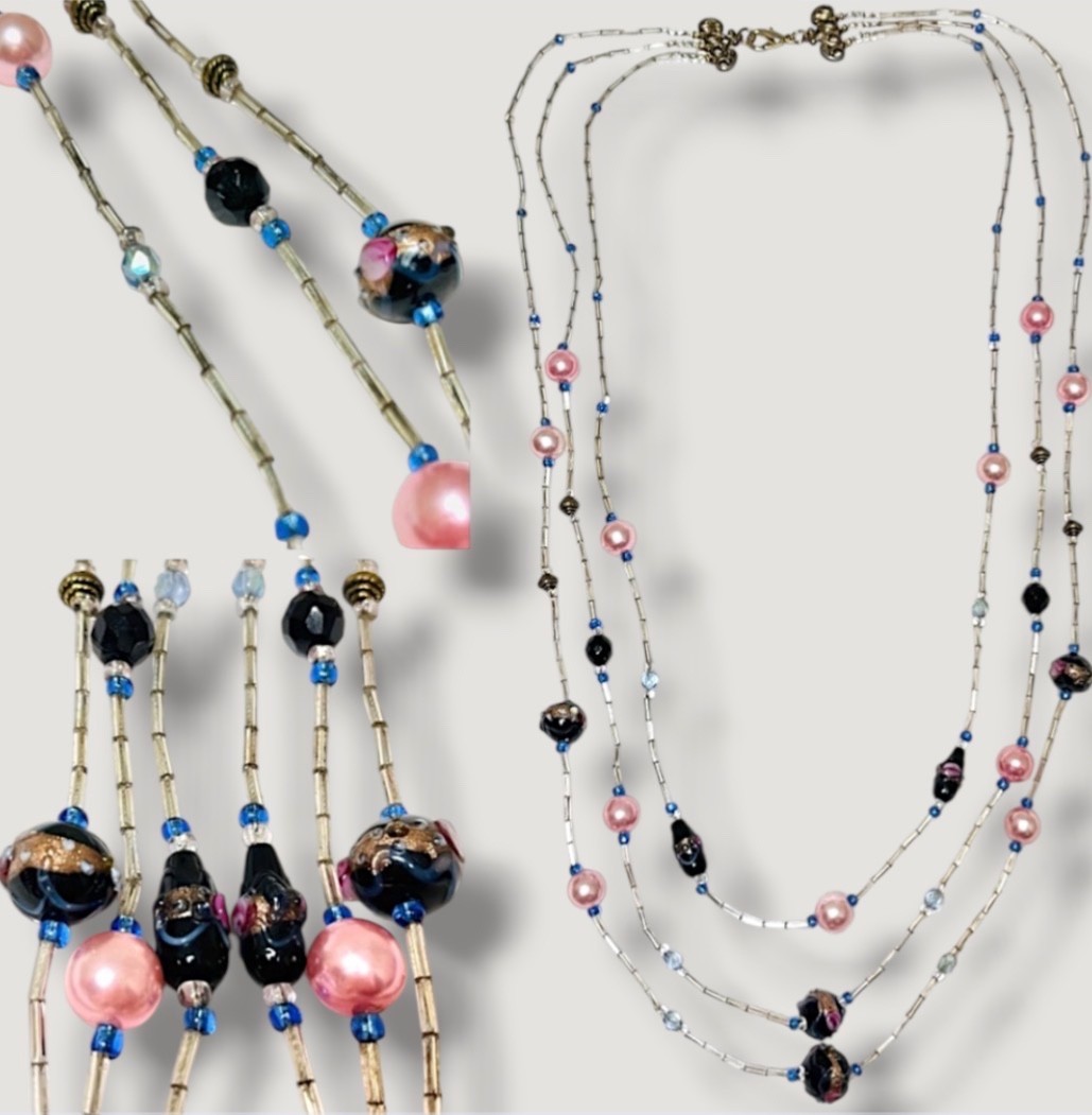 Vintage 3-Strand Wedding Cake Beaded Necklace With Bugle Beads & Pink Pearls Vintage 3-Strand Wedding Cake Beaded Necklace With Bugle Beads & Pink Pearls