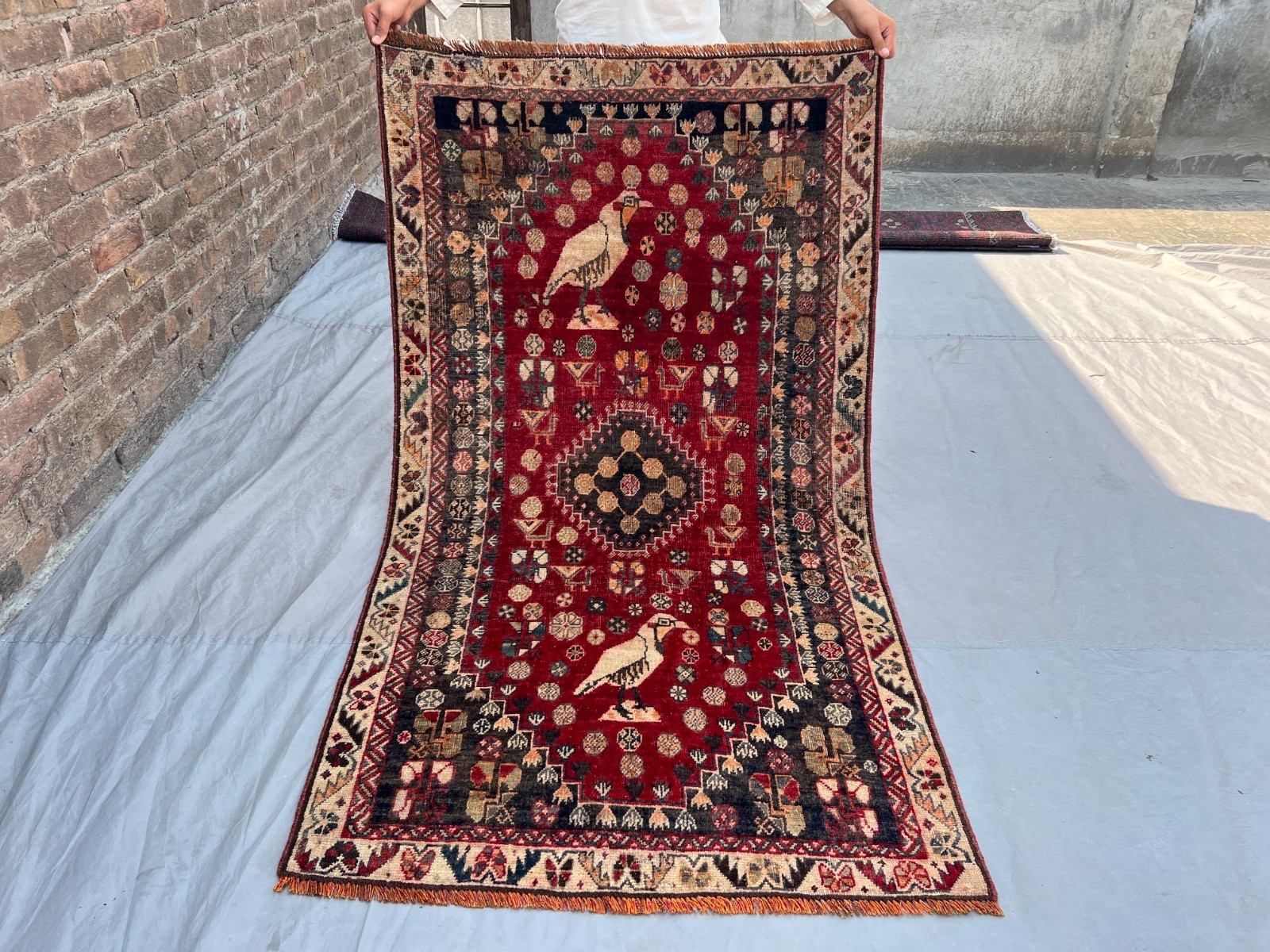 Vintage Caucasian Tribal Rug, Hand Knotted Bird Motif Wool Runner, Floor Rug
