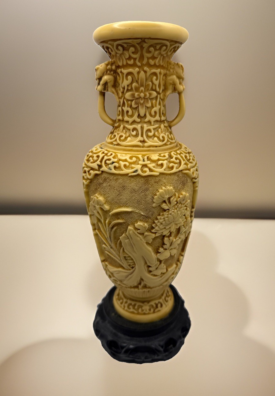 Antique Signed Chinese Carved Soapstone Vase Detailed Engraving Natural Stone11” Antique Signed Chinese Carved Soapstone Vase Detailed Engraving Natural Stone11”