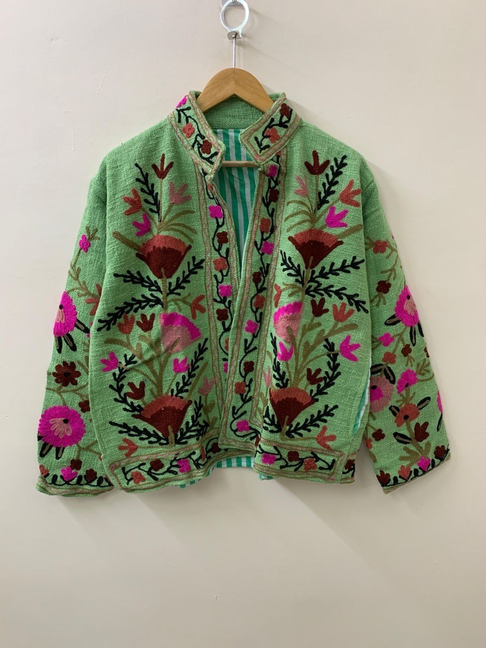 Boho Green Embroidered Floral Jacket Handmade Ethnic Festival Coat Women