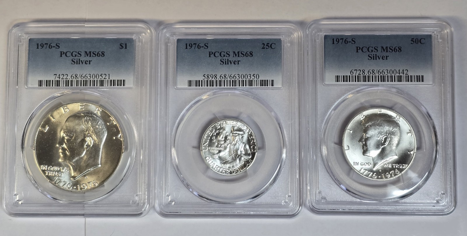 1976 S Silver Set PCGS Graded MS 68 Complete Uncirculated 3 Coin Set $1, 50c 25c