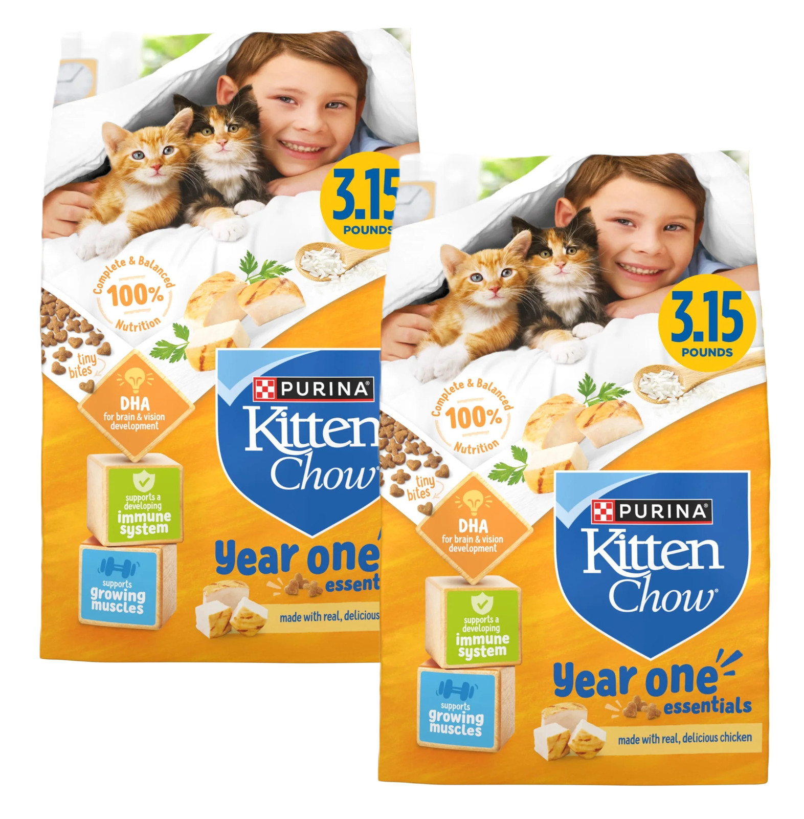 2 Packs Purina Kitten Chow Year One Essentials Real Chicken High Protein 3.15 lb