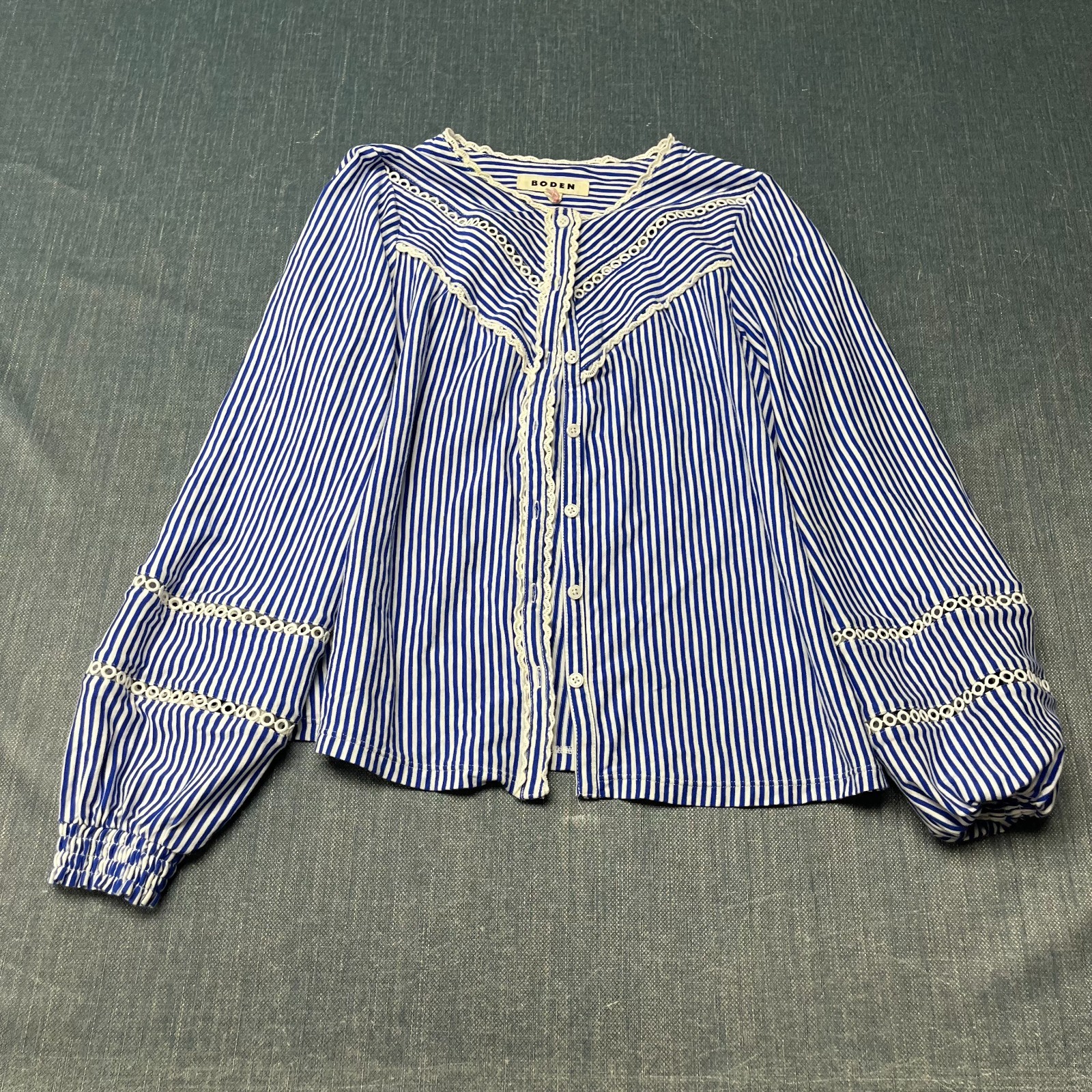 Boden Women\'s Top Size S Blue White Stripe Lace Eyelet Trim Long Sleeve Button 